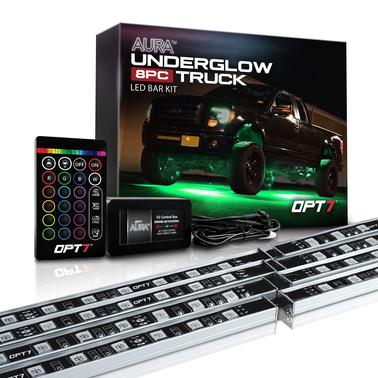 Opt7 Aura Aluminum Underglow Led Lighting Kit For Truck With Remote Control, Exterior Neon Accent Underbody Strip, Multicolor Mo