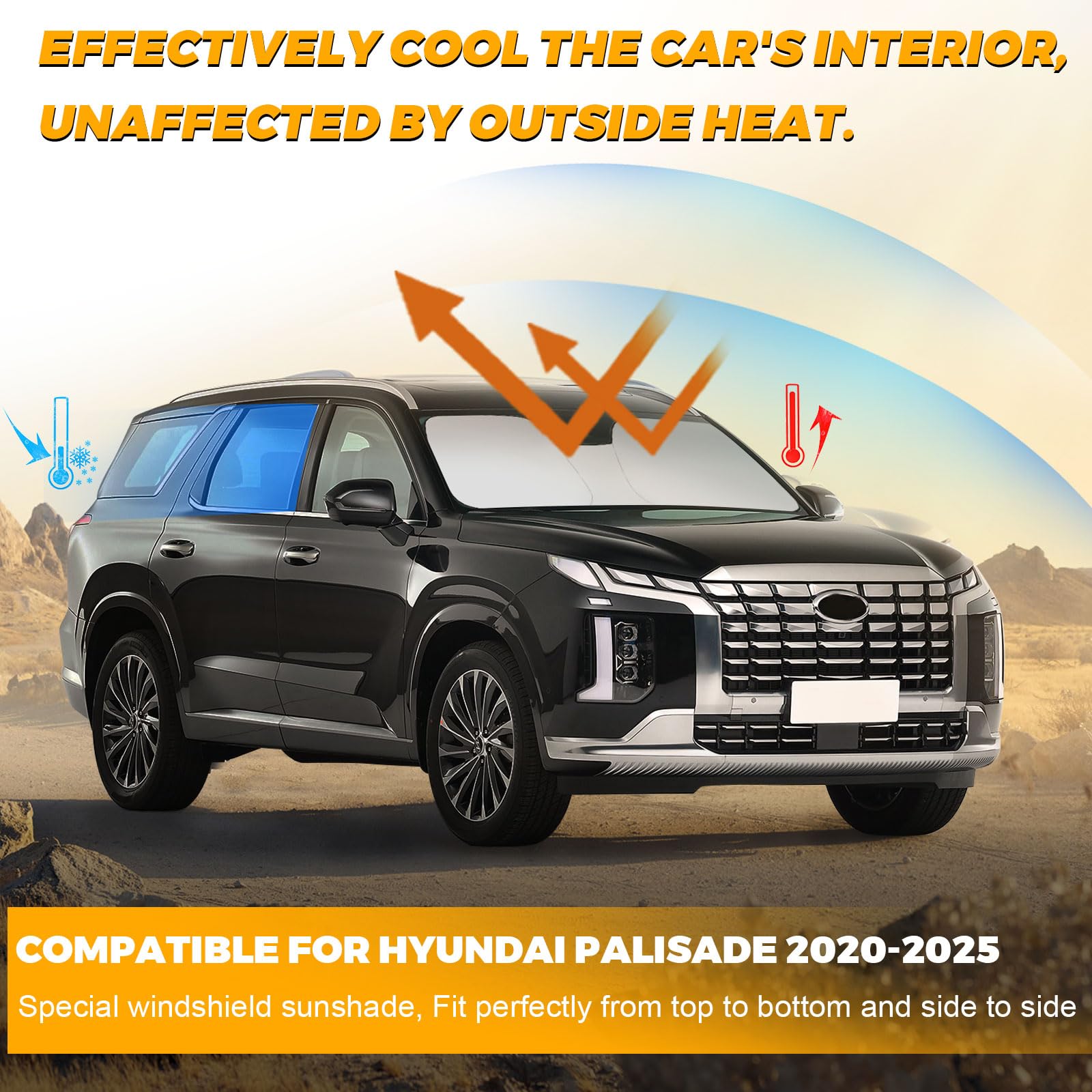 Sun Shade for Car Windshield Fit Hyundai Palisade 2020-2025 Window Shades 240T Polyester Windshield Sunshade Foldable Blocks UV