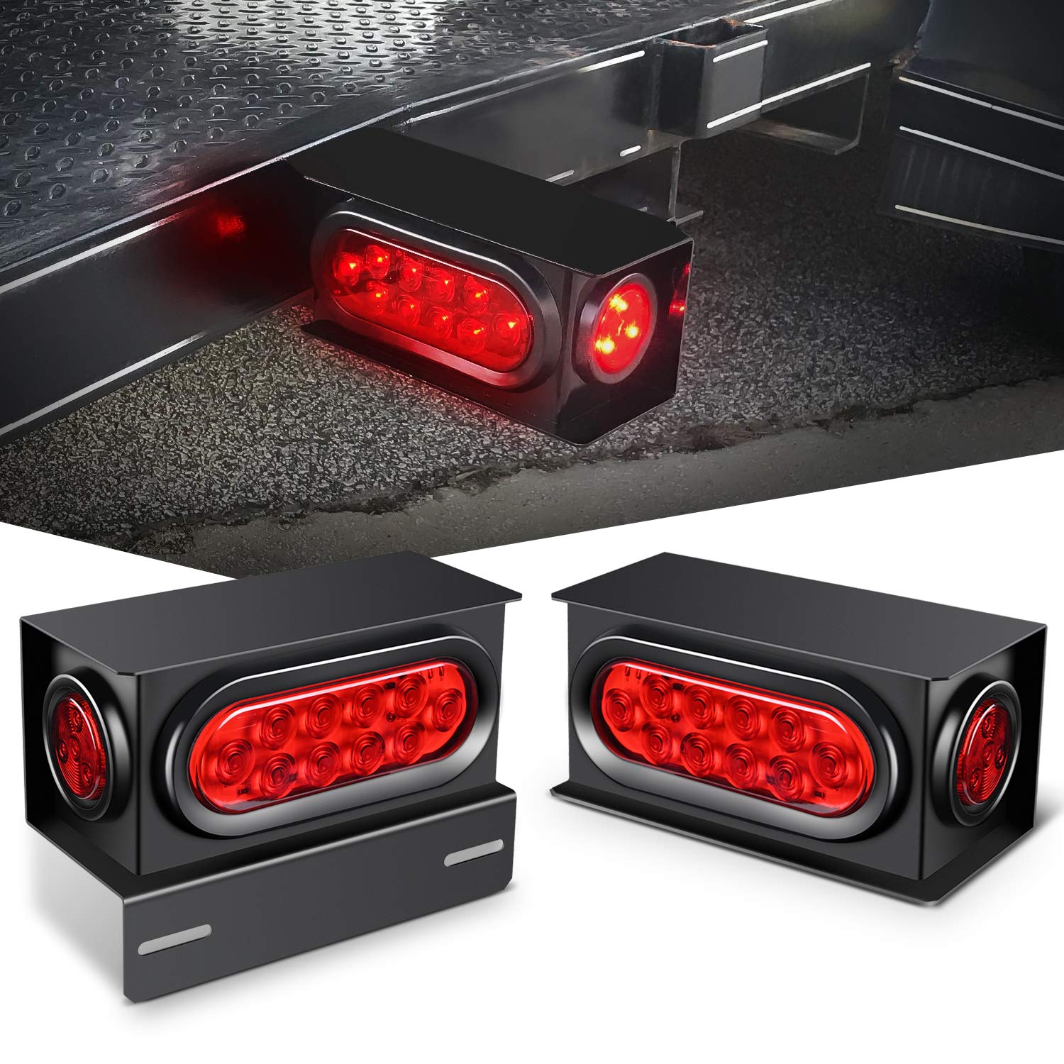 Nilight - TL-34 2PCS Steel Trailer Light Boxes Housing Kit w/6Inch Oval Red LED Tail Lights 2 Inch Round Side Marker w/Grommet P