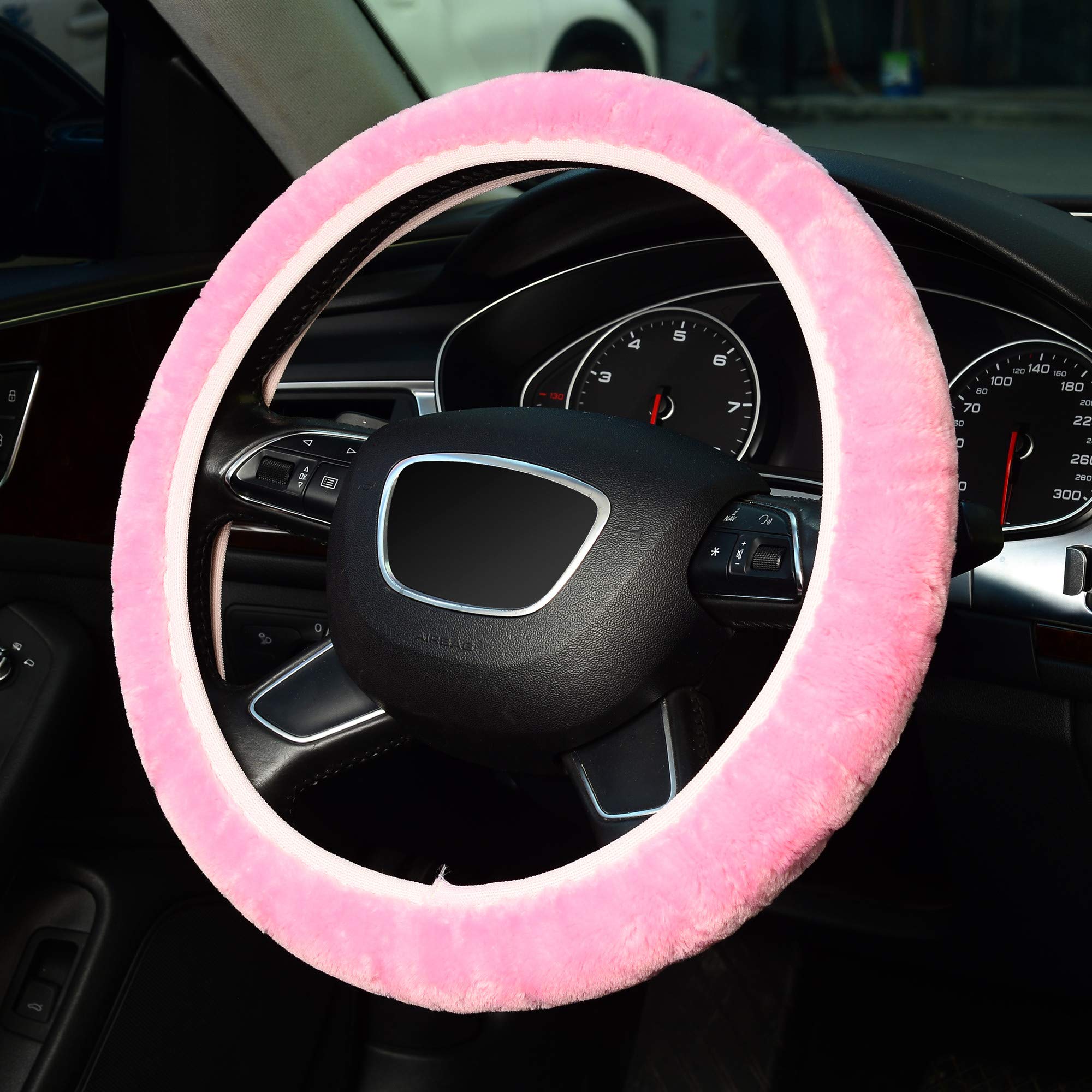 Kafeek Pink Elastic Fuzzy Steering Wheel Cover,Microfiber Plush Steering Wheel Cover For Woman Girl,Winter Warm, Universal 15 In