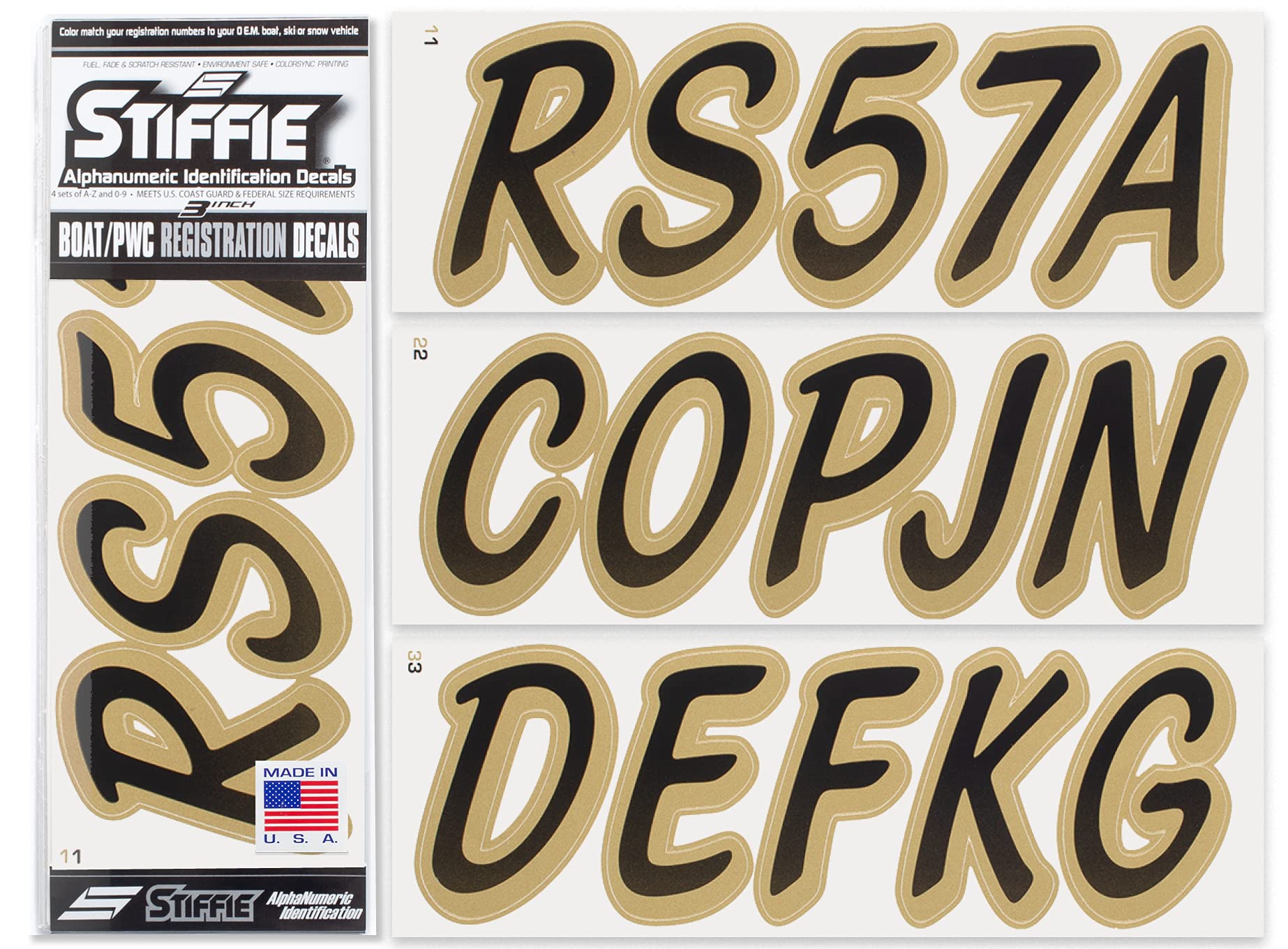 STIFFIE Whipline Black/Metallic Gold 3'' Boat & PWC Registration Decals  Numbers Letters Stickers