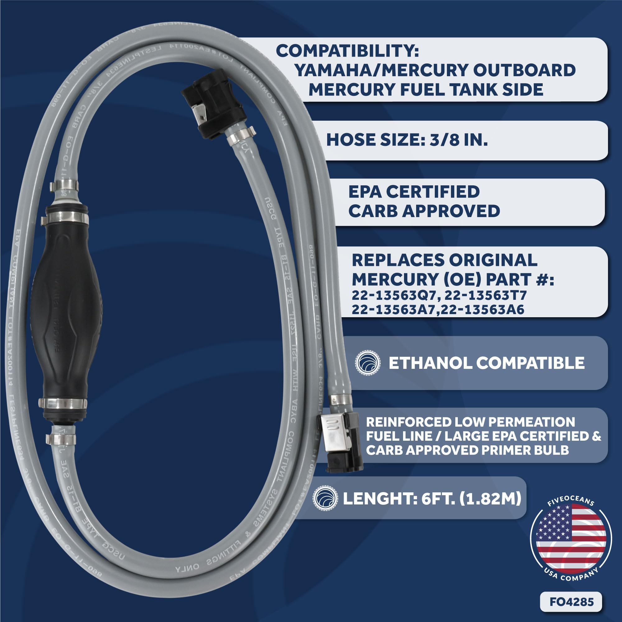 Five Oceans 3/8-Inch Marine Outboard Motor Fuel Line for Yamaha Mercury, Leakproof, 6-foot Long, Reinforced EPA/CARB, Replaces P