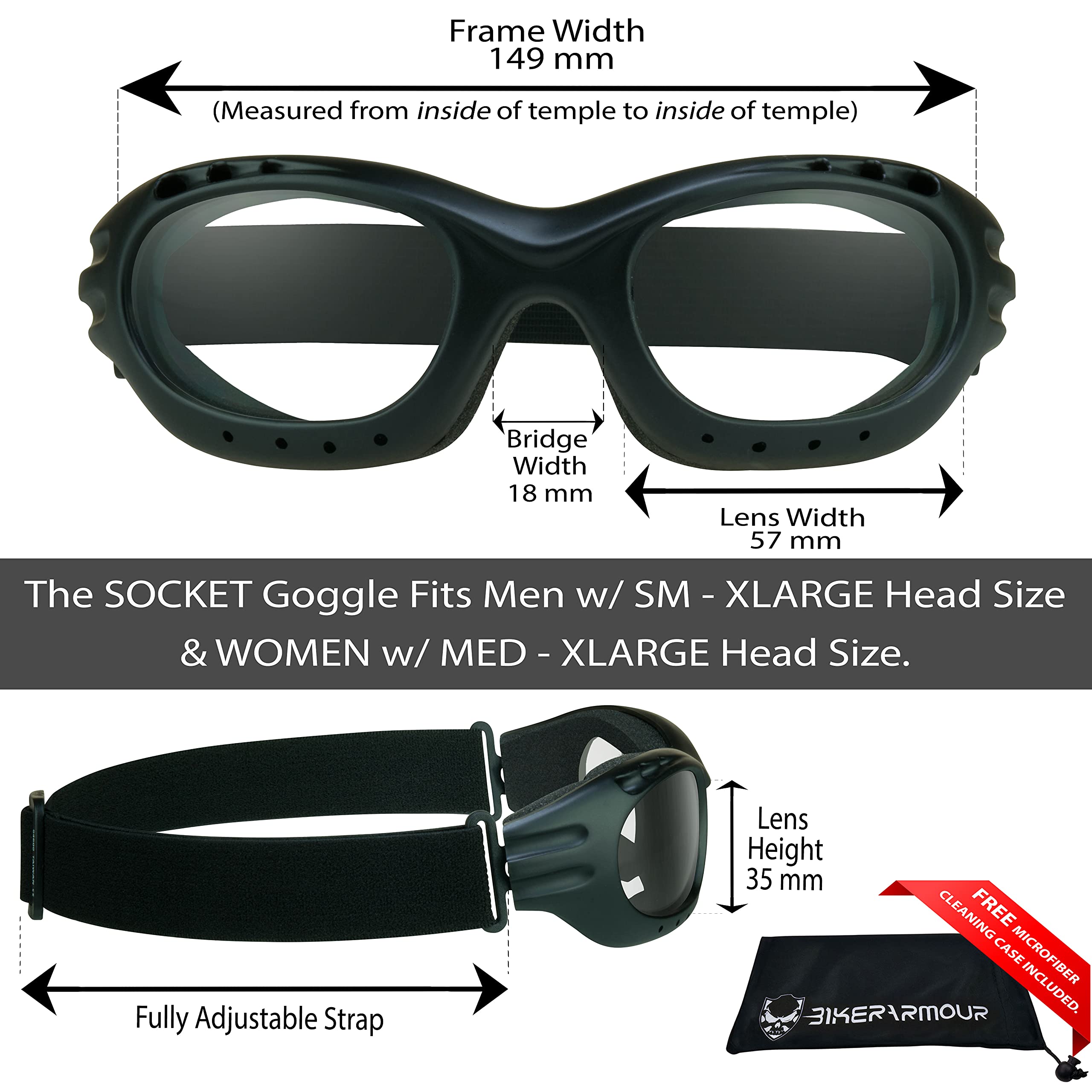 Bikershades Motorcycle Riding Goggles Glasses Biker Clear Night Foam Cushion Adjustable Strap Ski Sky Diving