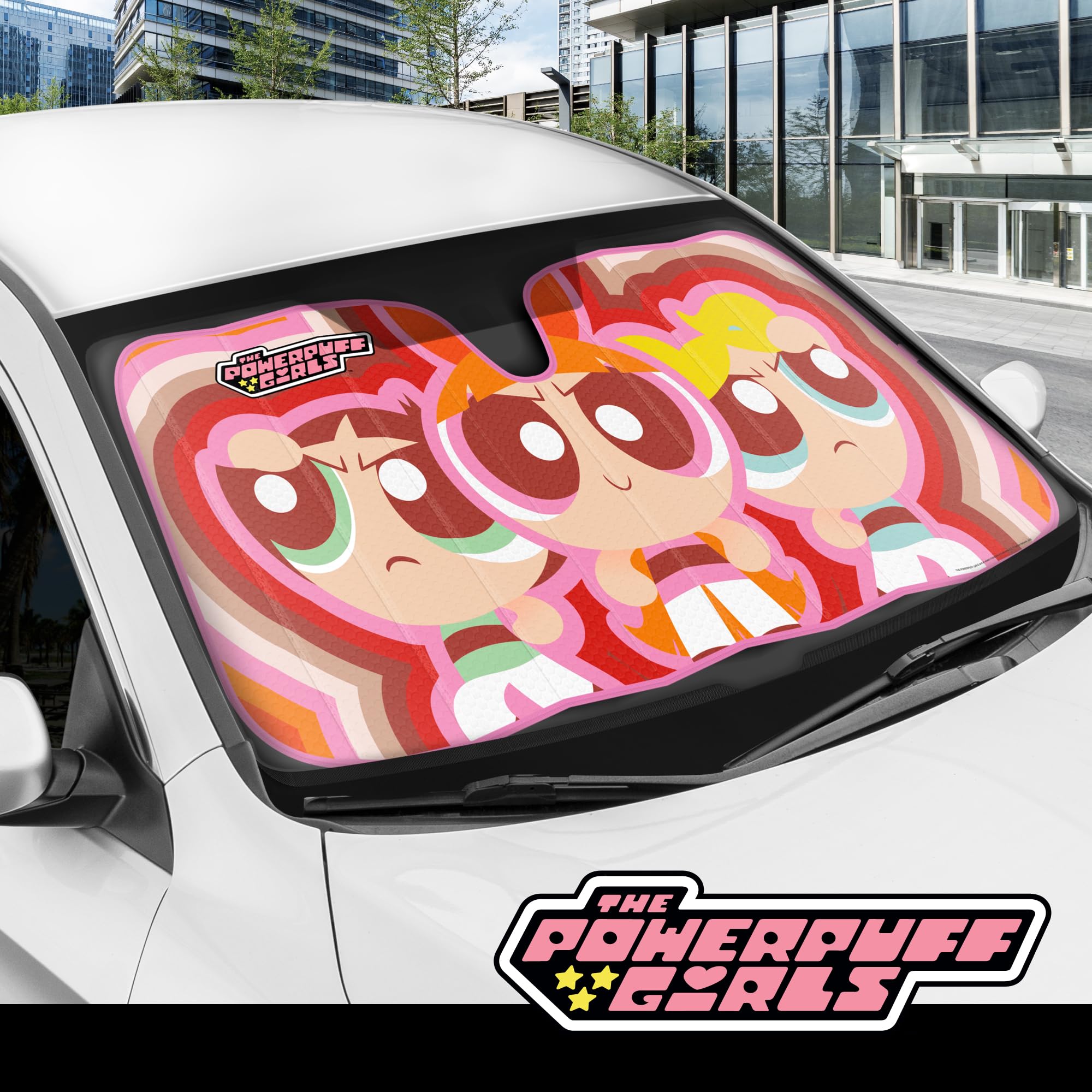 Bdk The Powerpuff Girls Car Windshield Sun Shade, Officially Licensed Accordion Style Sunshade For Car Window, Cute Cartoon Car
