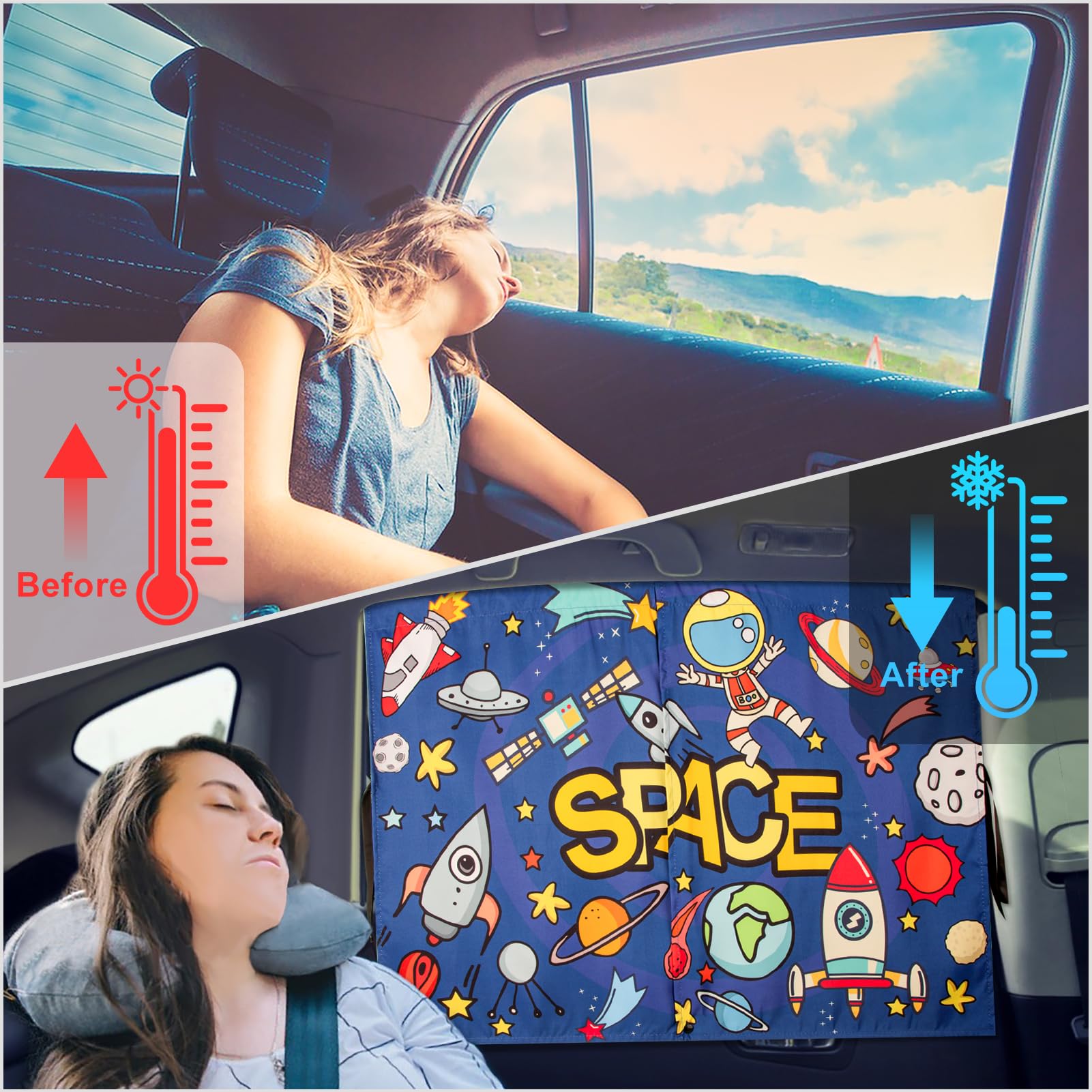 Car Sun Shade Side Window, 2Pcs Magnetic Double Layer Car Window Shades For Privacy Full Covers/Half Shade Options Cute Space Pa