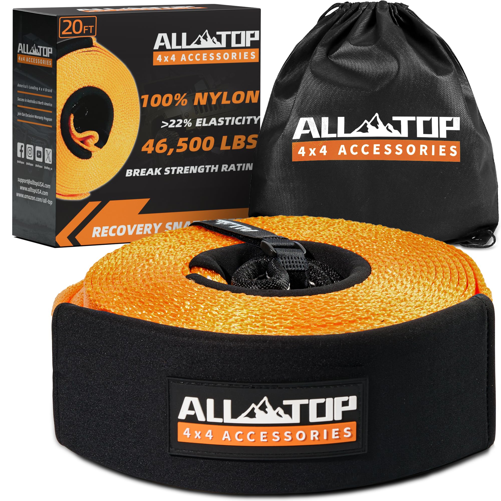 All-Top Recovery Snatch Strap, 4In X 20Ft - 46500Lbs, Extreme Duty 100% Nylon Kinetic Towing Recovery Strap With 22% Elongation