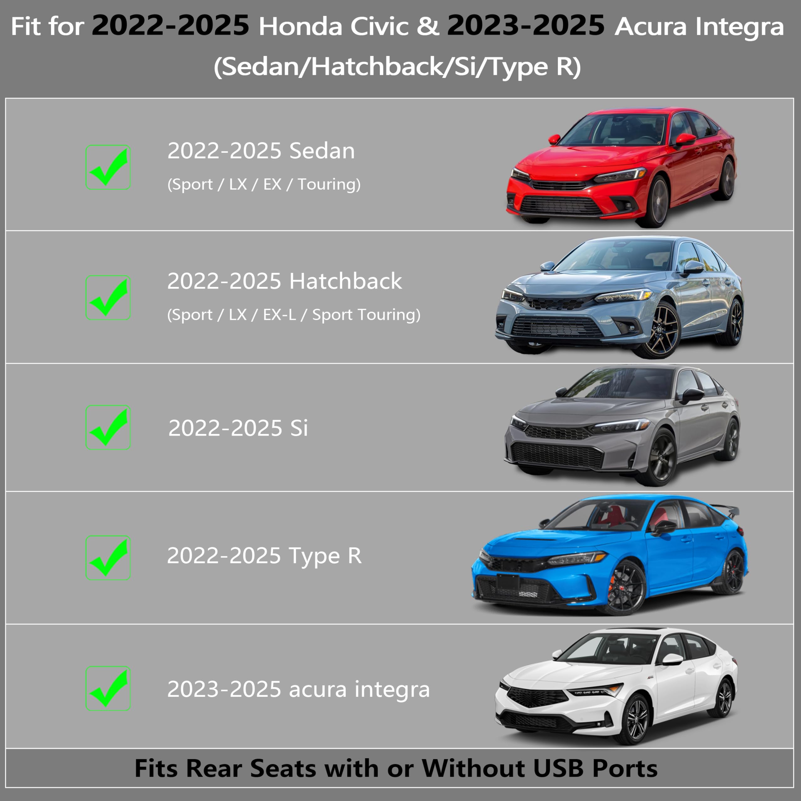 Karpal Floor Mats For Honda Civic 2022-2025 Sedan Hatchback Si (Include Sport), 2Nd Row With & W/O Usb Port, For Acura Integra 2