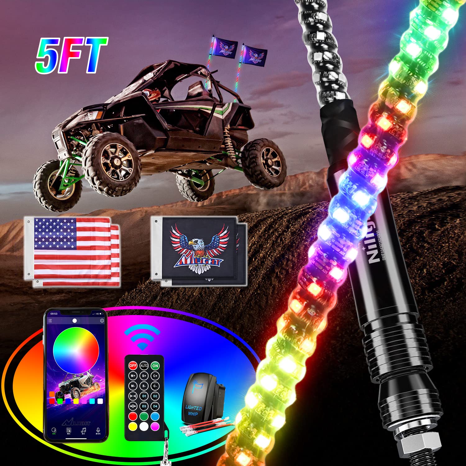 Nilight 2PCS 5FT RGB LED Whip Light, Remote App Control w/DIY Chasing Patterns Stop Turn Reverse Lighting Modes Safety Lighted A