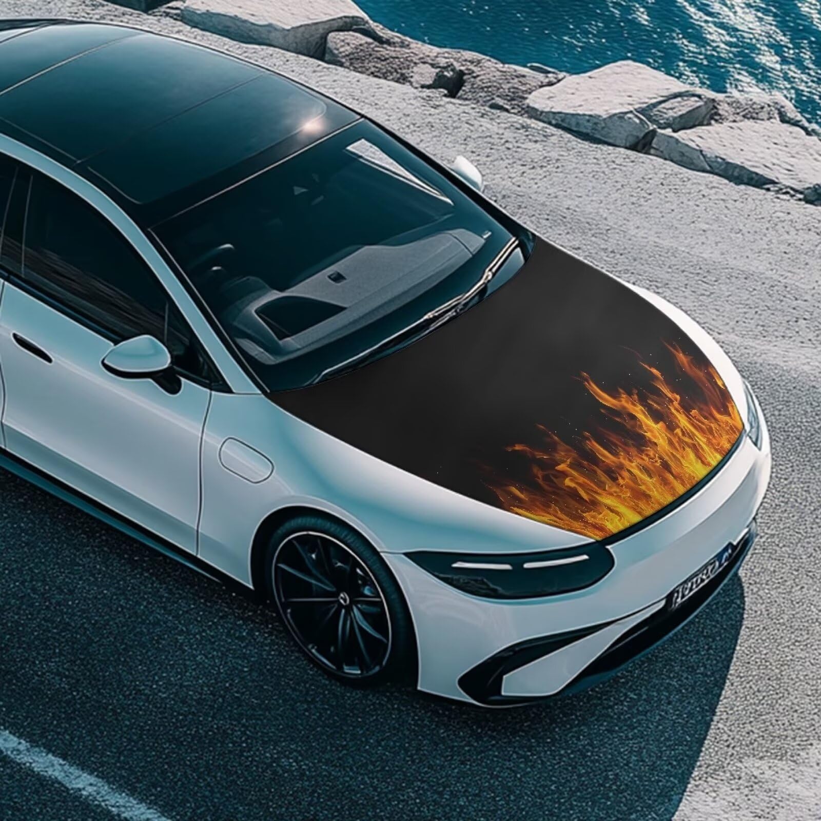 Qiyupavto Bonfire Print Car Hood Cover Elastic Fabric Covers for Car Hood Stretchable Universal Auto Accessories Easy Installati