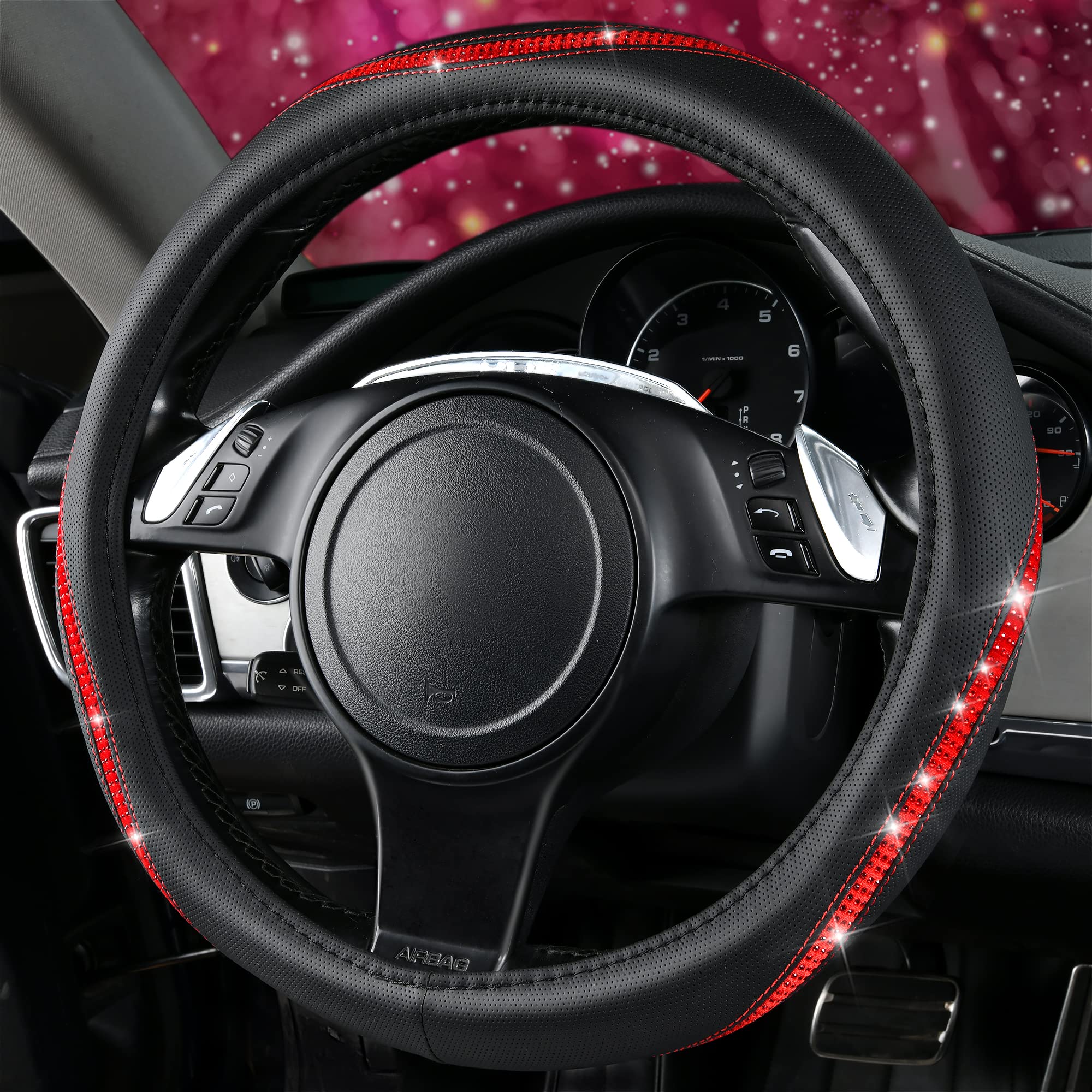 Car Pass Bling Diamond Black Leather Steering Wheel Cover, Studded Crystal Rhinestones Universal Fit 14' 1/2-15' Glitter For Women Sparkle Girl Fit Suvs,Vans,Sedans,Car,Trucks, Red Diamond
