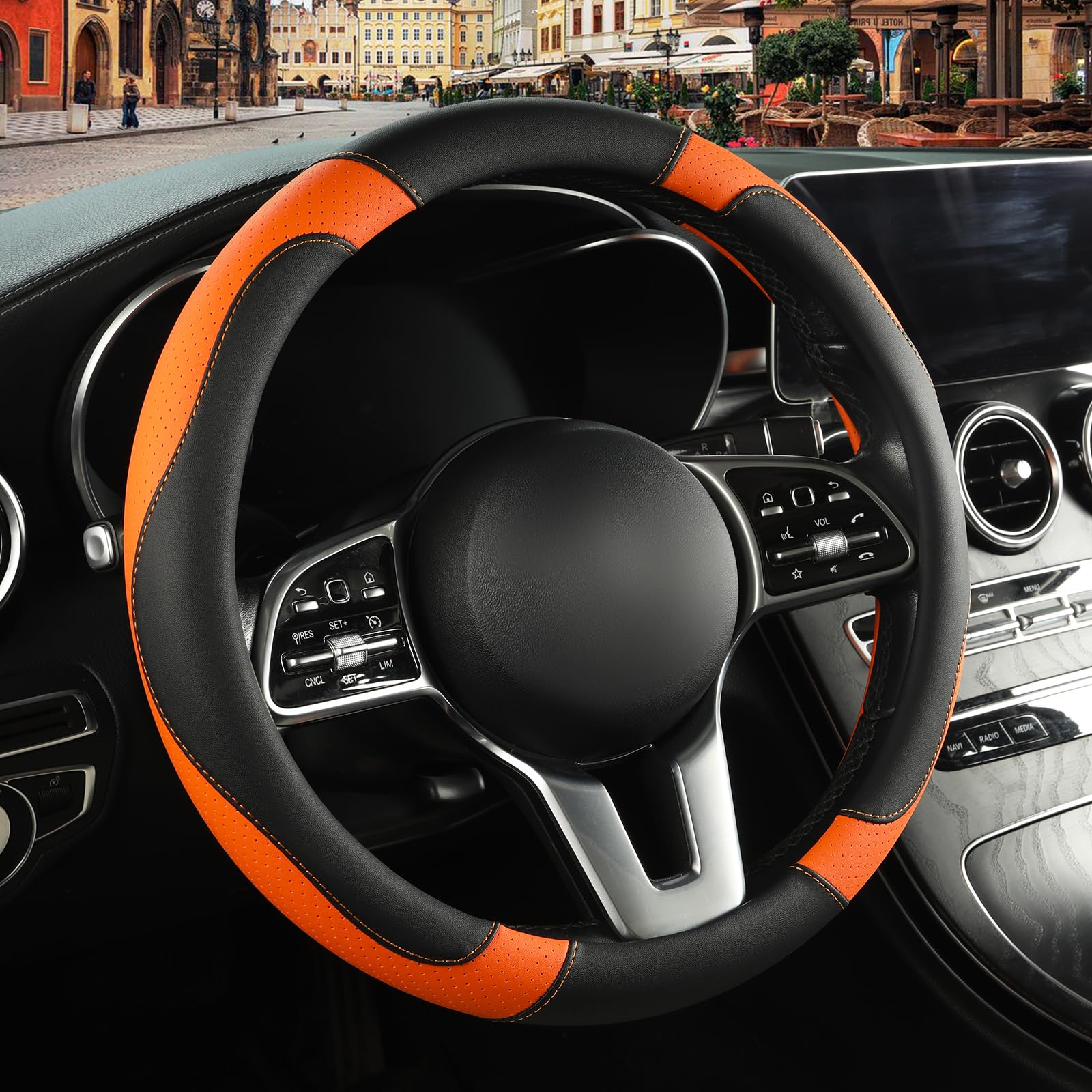 Binsheo Leather Steering Wheel Cover, Breathable, Anti Slip & Odor Free, Black And Orange