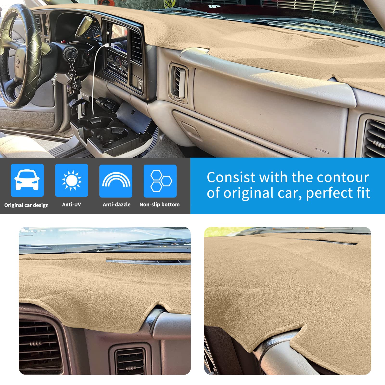 HanLanKa Dashboard Cover for Chevrolet Silverado 1999-2006, Premium Carpet, Beige, Model HLK-ZGD-0106MXFL-FBA