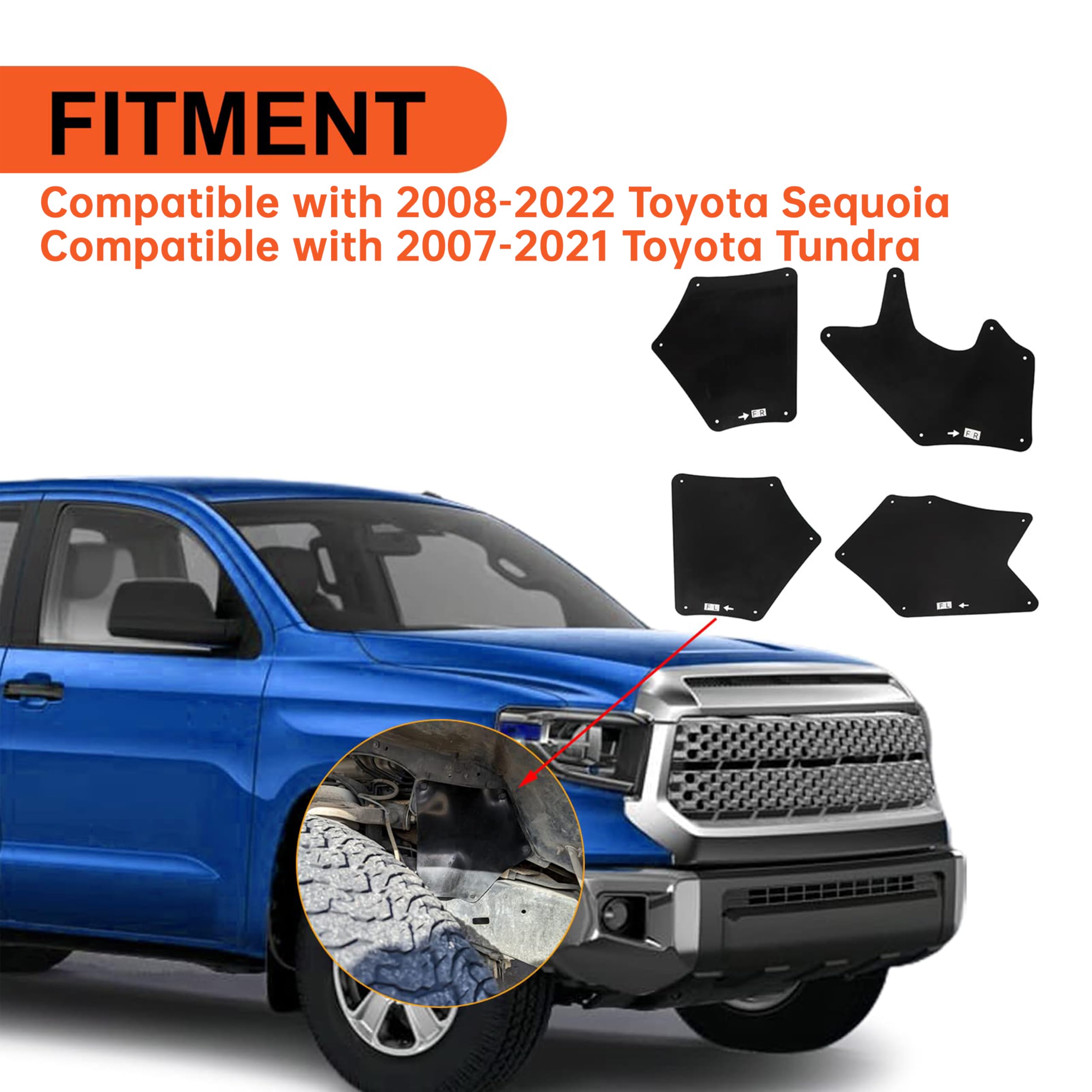 ECOTRIC Splash Guards Fender Liner Shields Compatible with 2007-2022 Toyota Tundra Sequoia Replacement for 537370C030 537360C030 537390C020 Front Fender Aprons Seals Mud Flaps Mudguards w/Clips 4Pcs