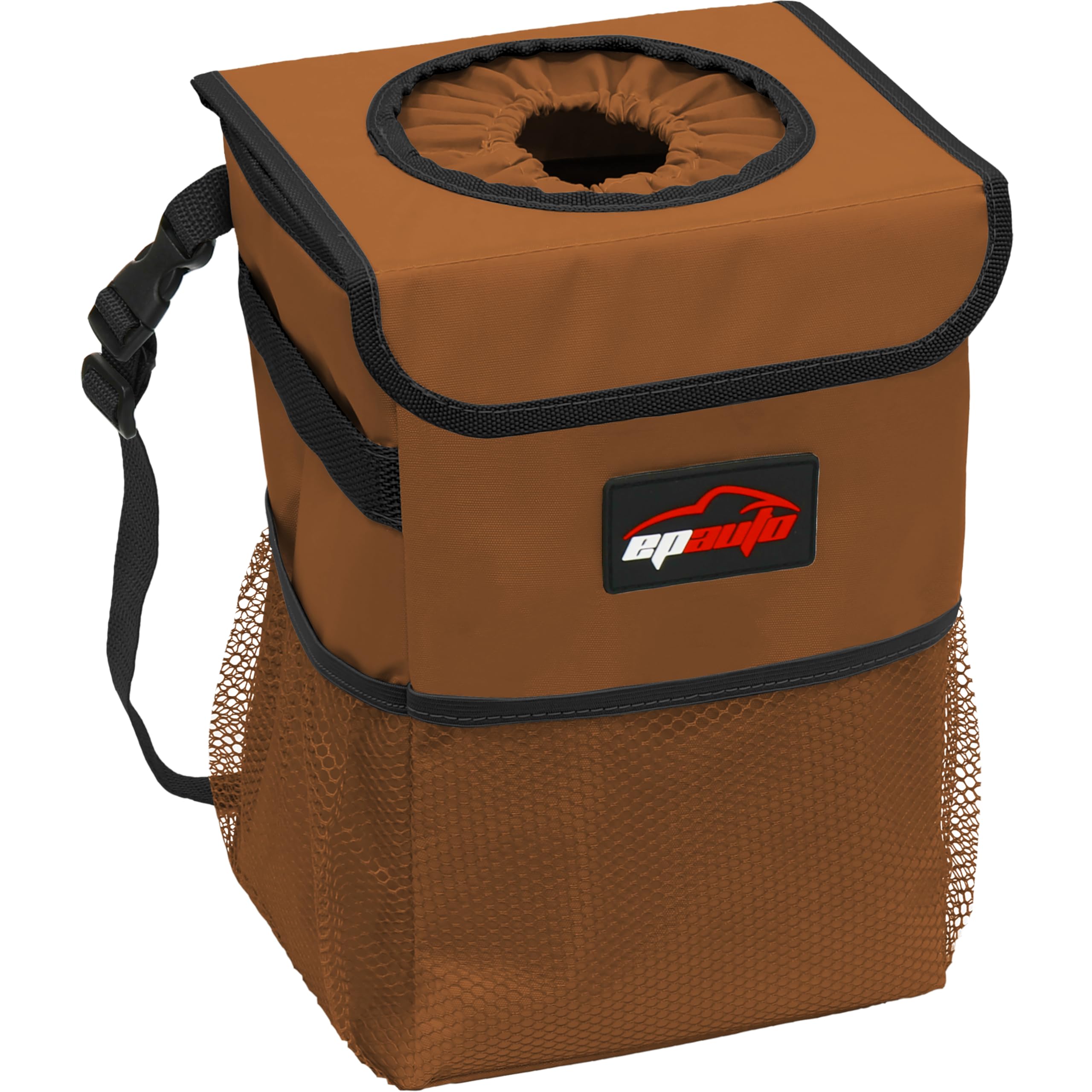 Epauto Waterproof Car Trash Can With Lid And Storage Pockets, Brown