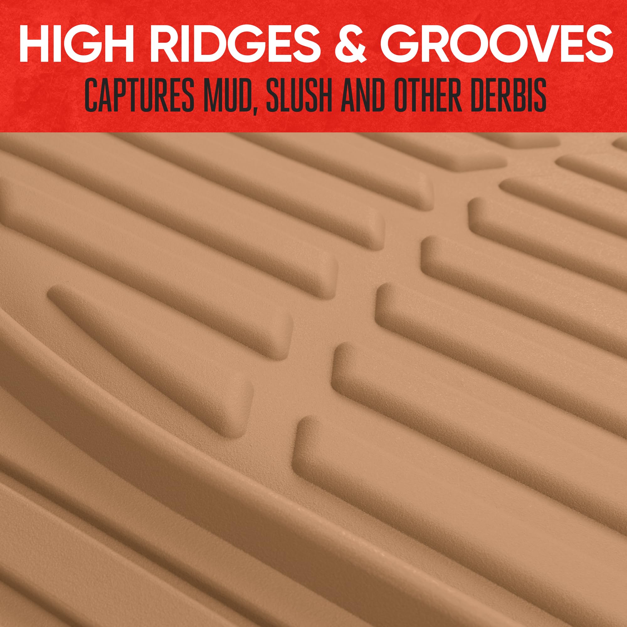Motor Trend Original FlexTough Beige Rubber Car Floor Mats for 3 Row Vehicles, Front & Rear 2nd Row Deep Dish All Weather Automo