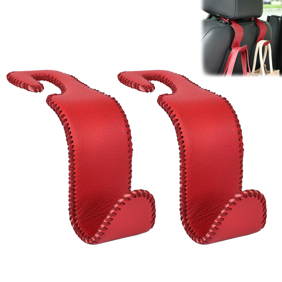 Amooca Car Seat Headrest Hook Universal Vehicle Storage Hanger Leather With Metal Car Seat Back Organizer For Handbag Purse Coat