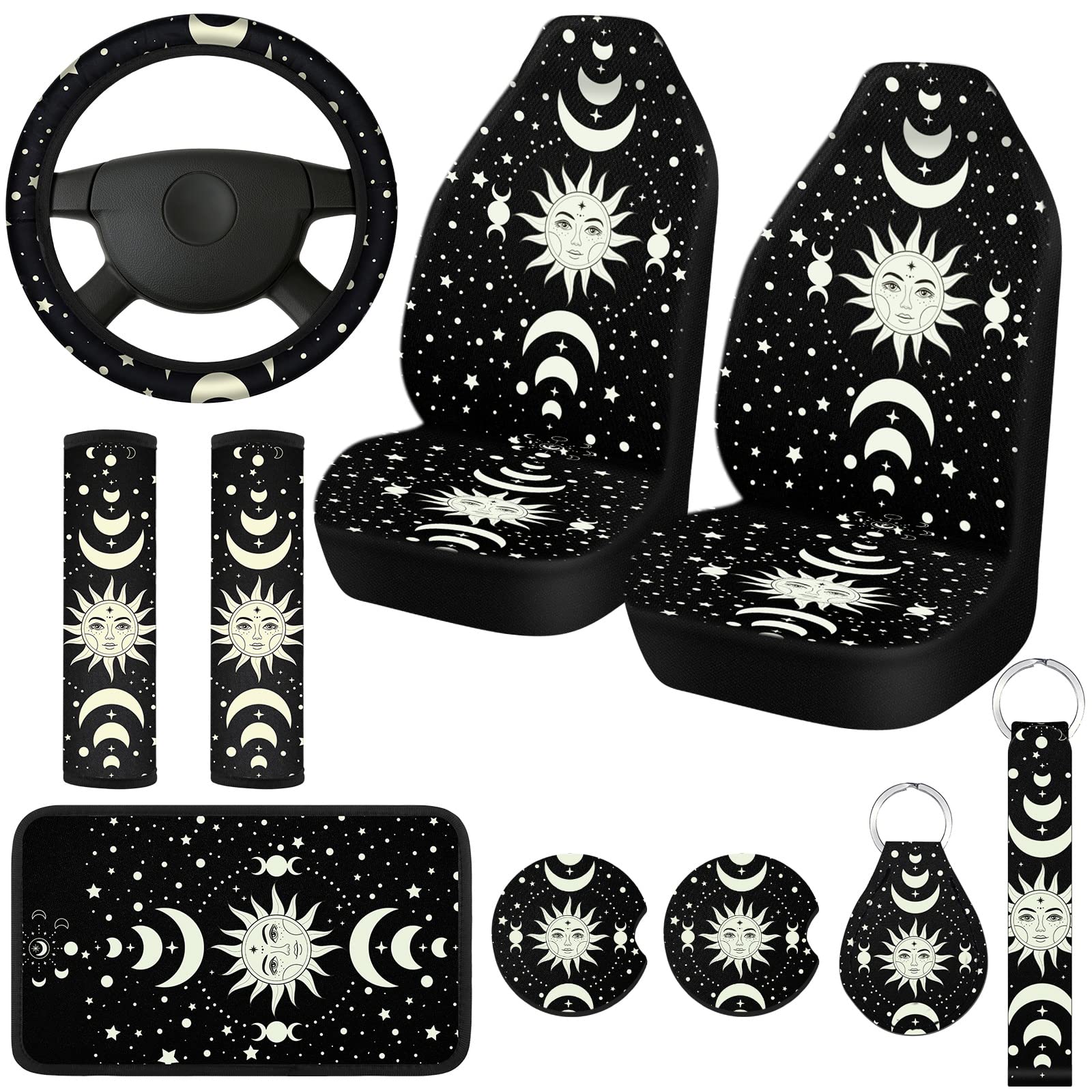 Fiada 10 Pcs Moon Star Car Seat Covers Full Set Car Accessories for Women Front Seat Cover Steering Wheel Armrest Cover Belt Cov