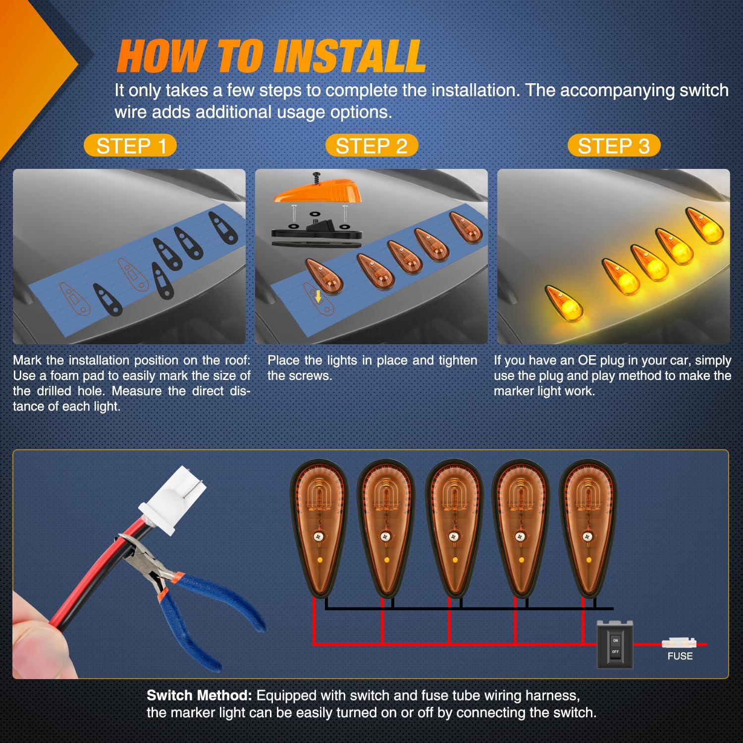 Nilight Cab Roof Marker Light 5 Pcs Amber Teardrop Top Clearance Indicator Lights Waterproof Surface Mount Running Lamp For Heav