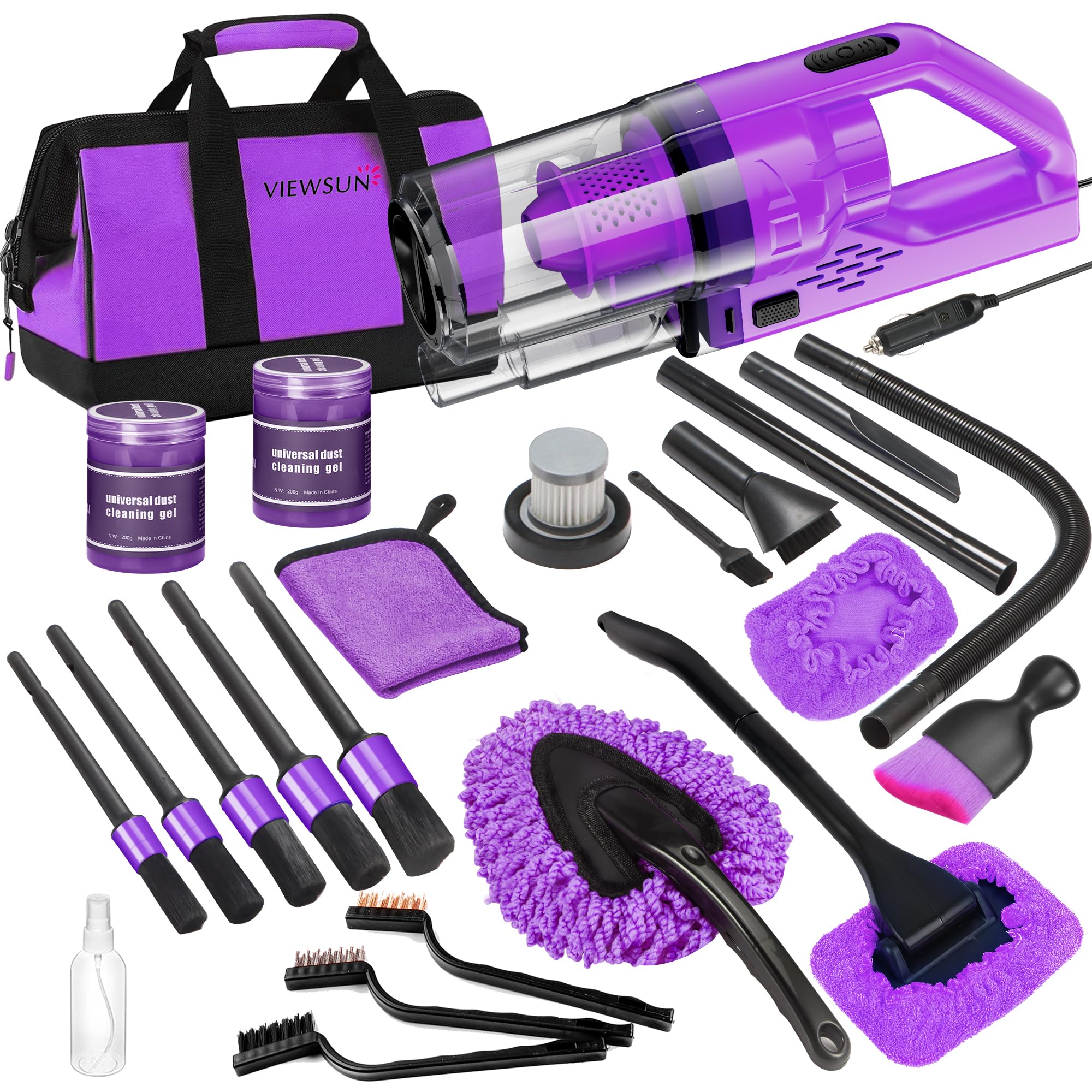 Viewsun 17Pcs Car Cleaning Kit, Purple Car Interior Detailing Kit With High Power Handheld Vacuum, Detailing Brush Set, Windshie