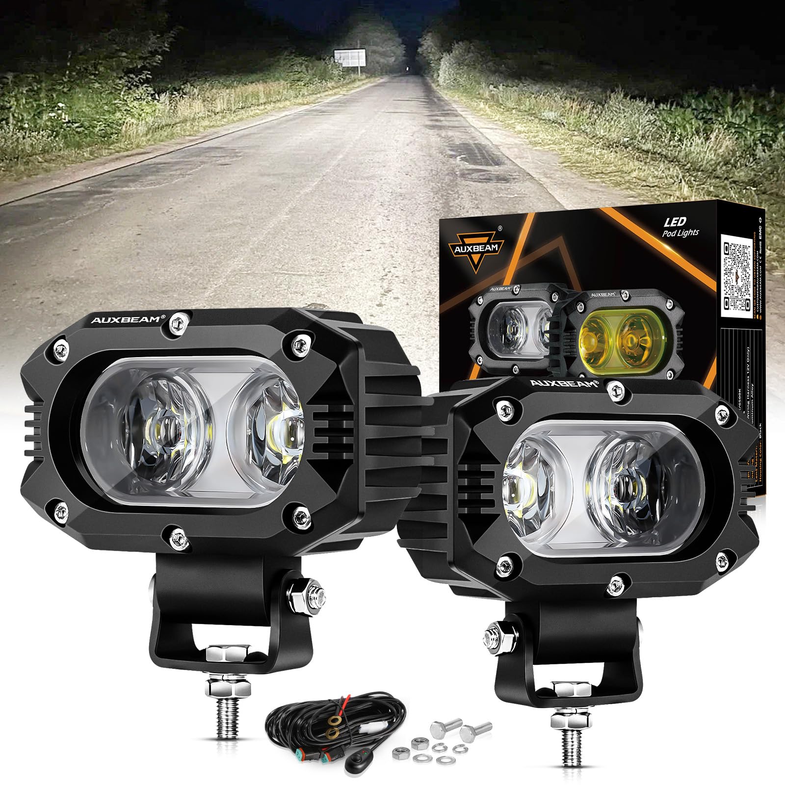 Auxbeam 4'' Cube Led Pods, Super Bright 60W Offroad Pod Lights Auxiliary Driving Light Flood Light Pods Motorcycle Driving Light