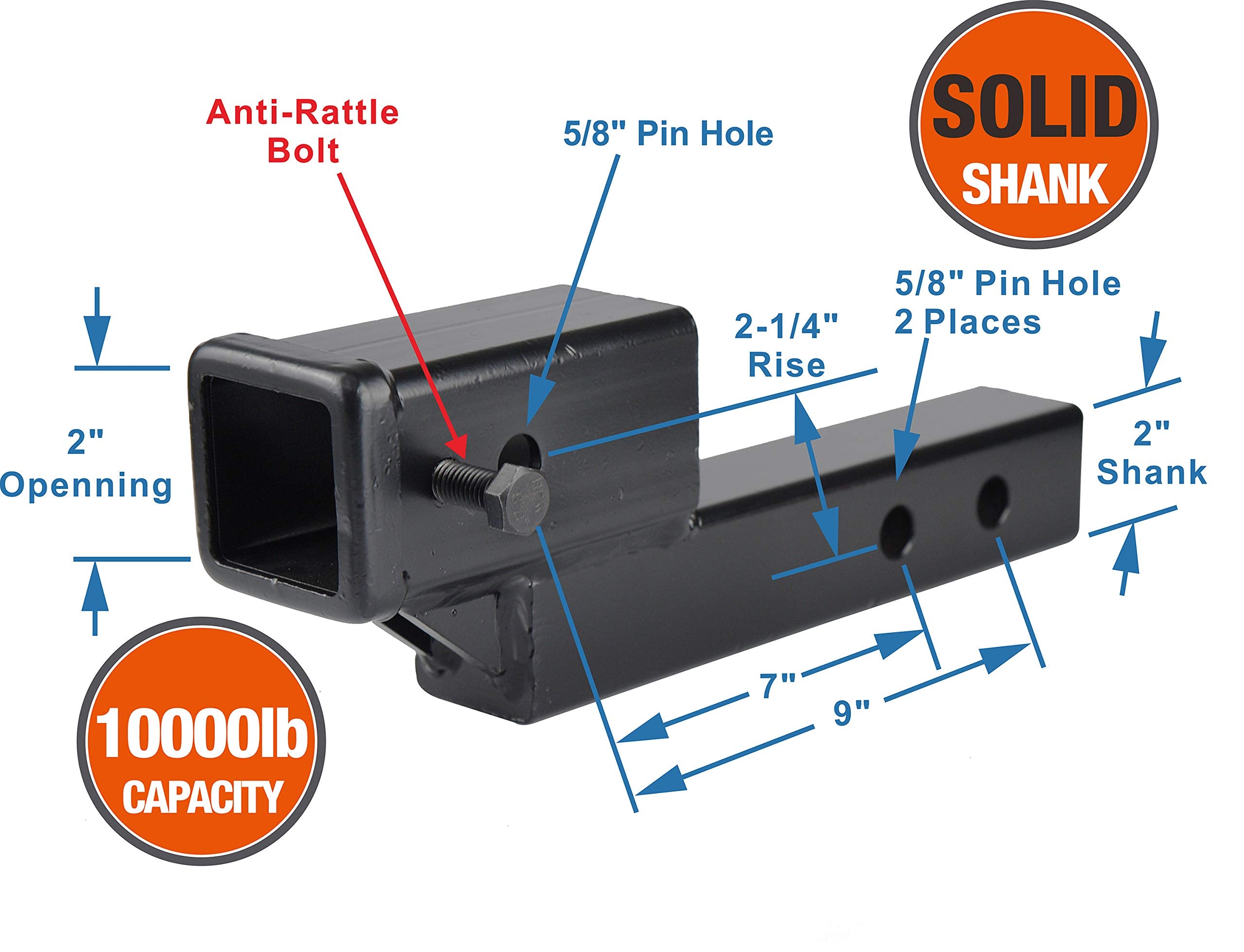 Toptow 64121 2-Inch Receiver Trailer Hitch Extension Riser With 2-Inch Rise/Drop, 2-Inch Solid Shank, 10000Lbs Capacity, Anti-Rattle Bolt