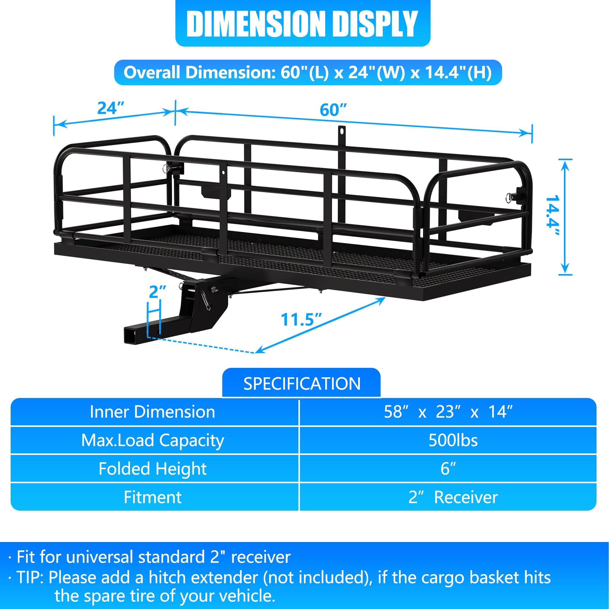 Kairay 500 Lbs Heavy Duty Hitch Mount Cargo Carrier 60' X 24' X 14.4' Folding Cargo Rack Rear Luggage Basket Fits 2' Receiver For Car Suv Camping Traveling