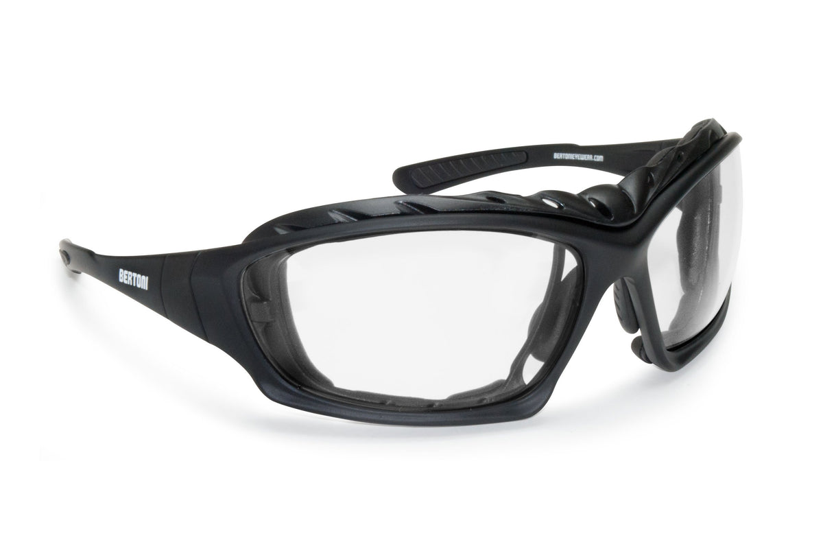 Bertoni Italy Motorcycle Goggles Padded Sunglasses - Photochromic Lens - Removable Clip For Prescription - Interchangeable Arms And Strap - Mod. 366 Motorbike Bikers Glasses (Photochromic Lens)