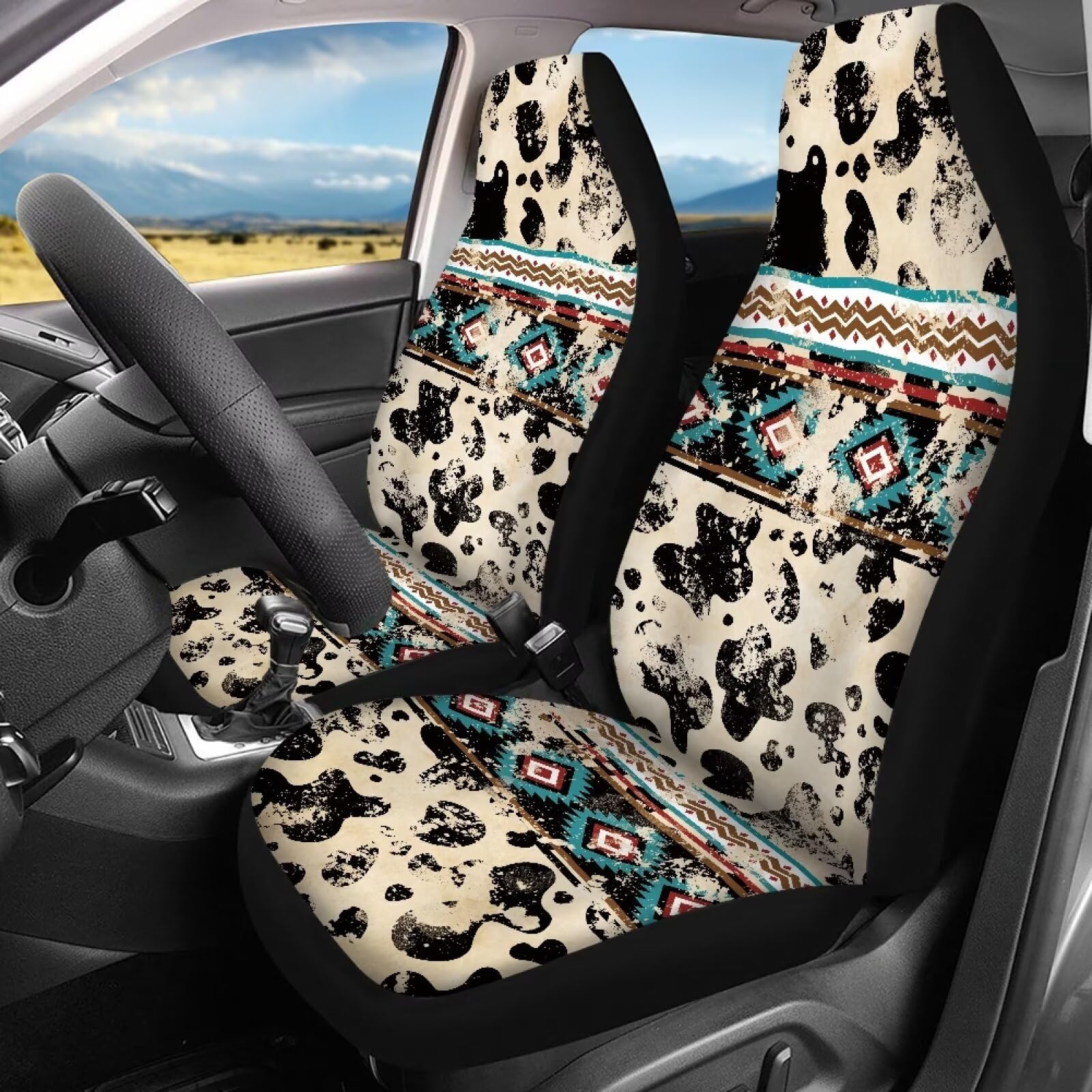 KEIAHUAN Aztec Tribal Cow Theme Car Seat Covers Breathable Anti-Slip Auto Seat Protector Front Seat Cover and Rear Bench Cover f