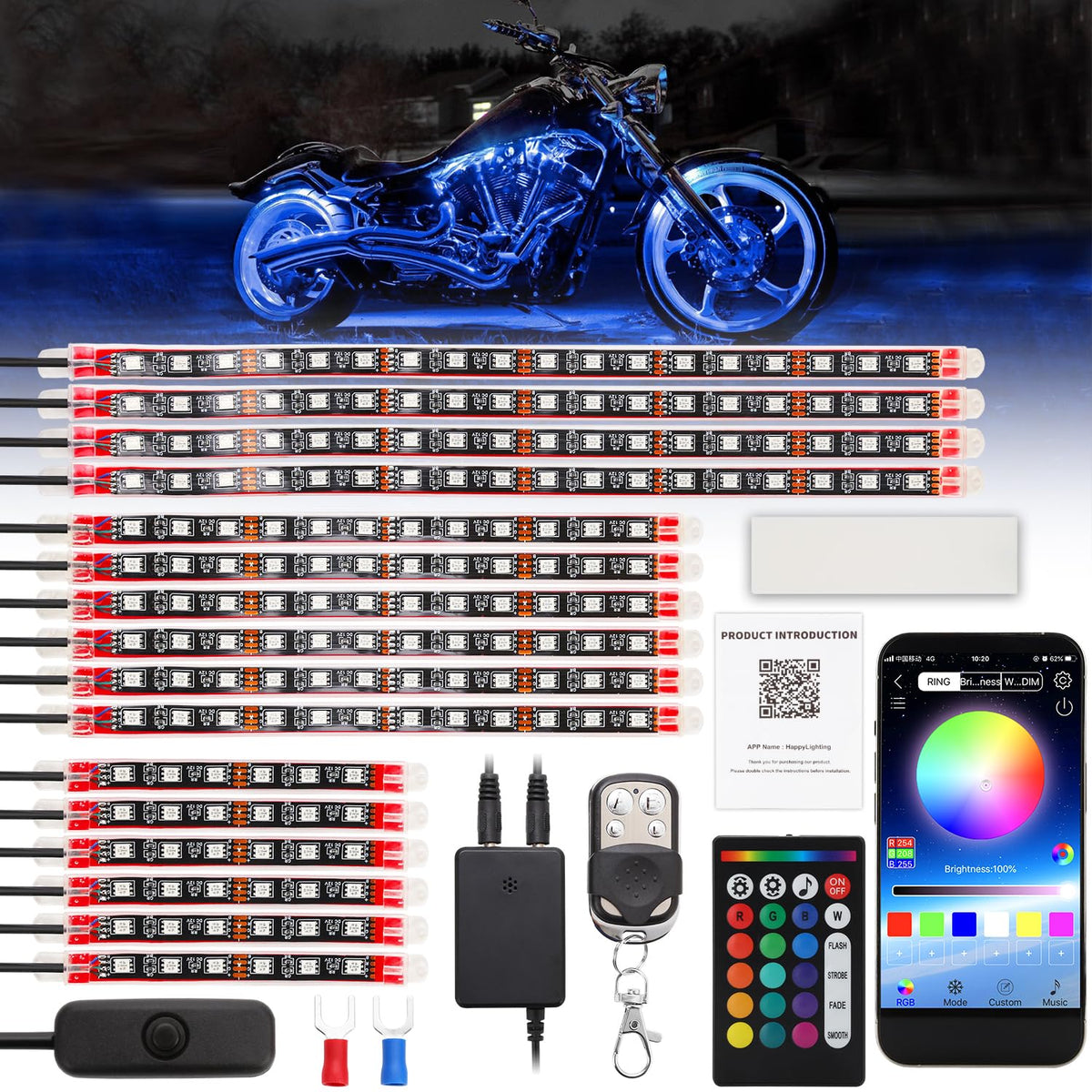Rvgive 16 Pcs Motorcycle Rgb Underglow Lights Kit, Music Mode Waterproof Light Bar,With App And Dual Remote Control For Motorcycles, Trikes And Golf Carts
