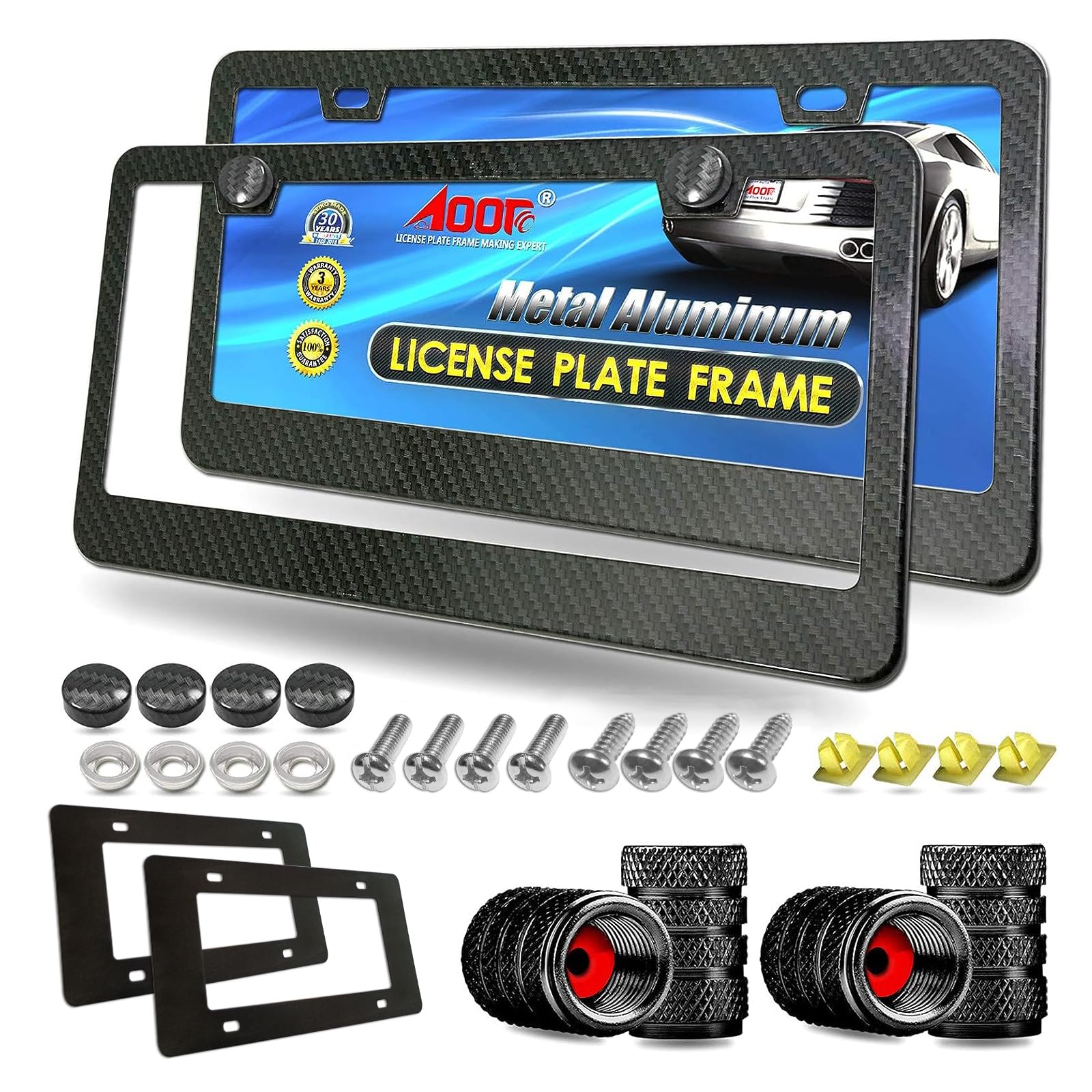 Aootf Carbon Fiber License Plate Frames- Heavy Duty Black Aluminum Car Tag Cover Printed Carbon Patterns, 2 Pack Front & Rear Ho
