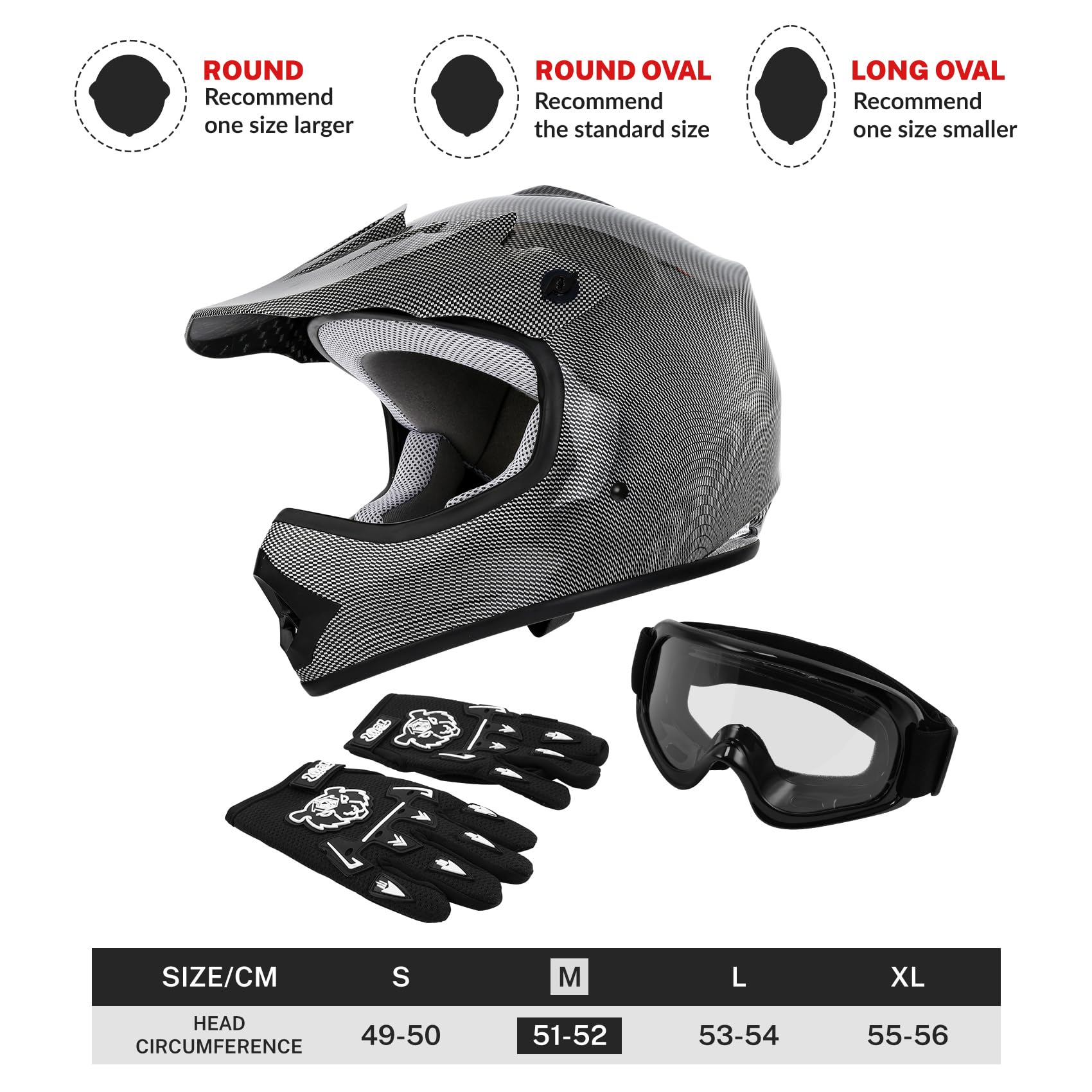 Tct-Motorparts Dot Youth Kids Motocross Atv Helmets Offroad Street Dirt Bike Go-Kart Bmx Mx Full Face Helmet Carbon Fiber Medium