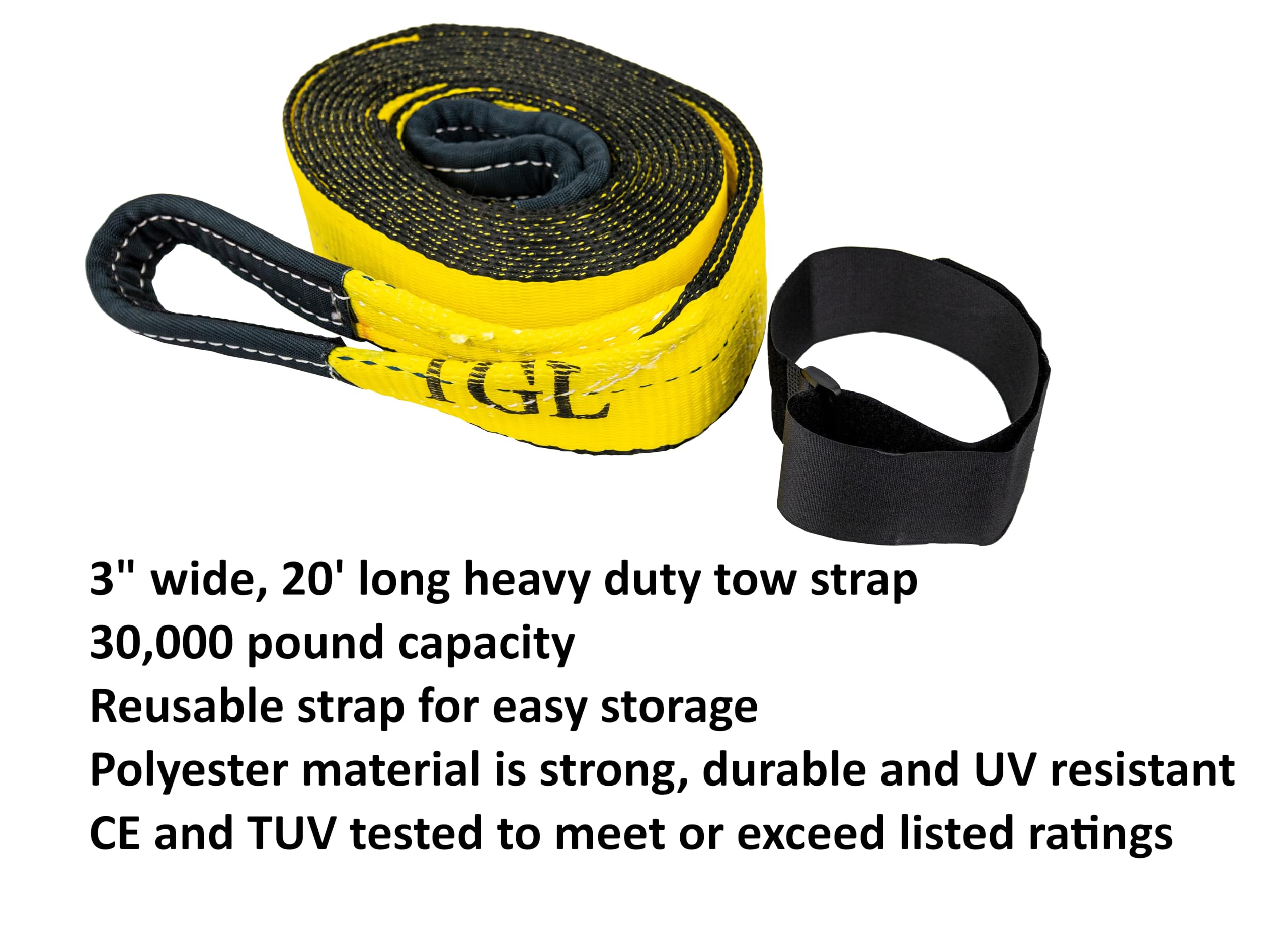 Tgl Heavy Duty Tow Strap - 3'' X 20' - 30,000 Lb Break Strength Tree Saver Winch & Recovery Rope, Reinforced Loops - Emergency S