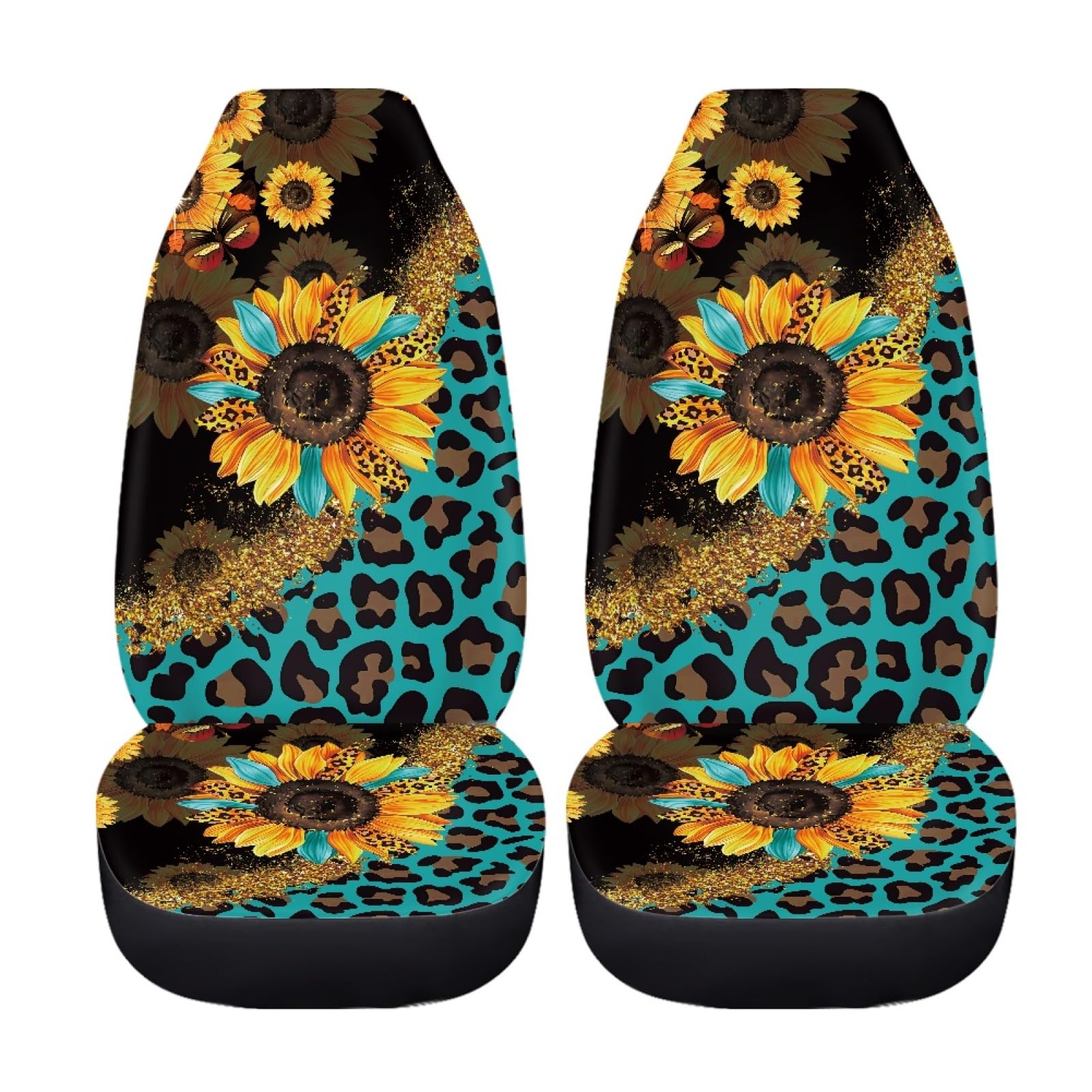 Wanyint Sunflower Leopard Print Blue Car Seat Cover Set of 2 Front Seats Only, Universal Soft Car Seat Protection for Men Women