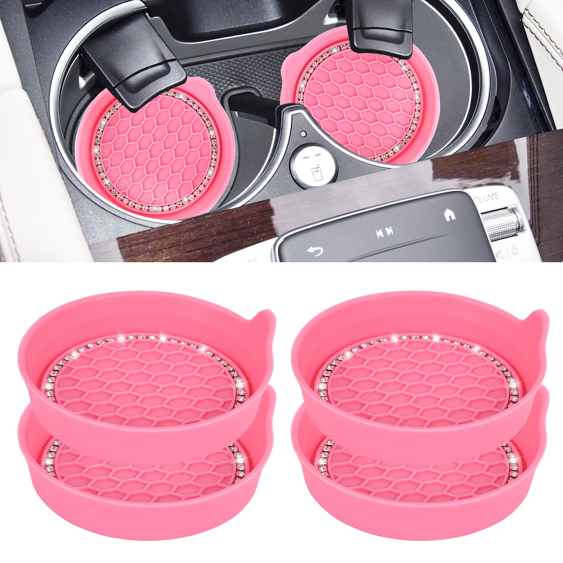 Amooca Car Cup Coaster Universal Non-Slip Cup Holders Bling Crystal Rhinestone Car Interior Accessories 4 Pack Peach Pink