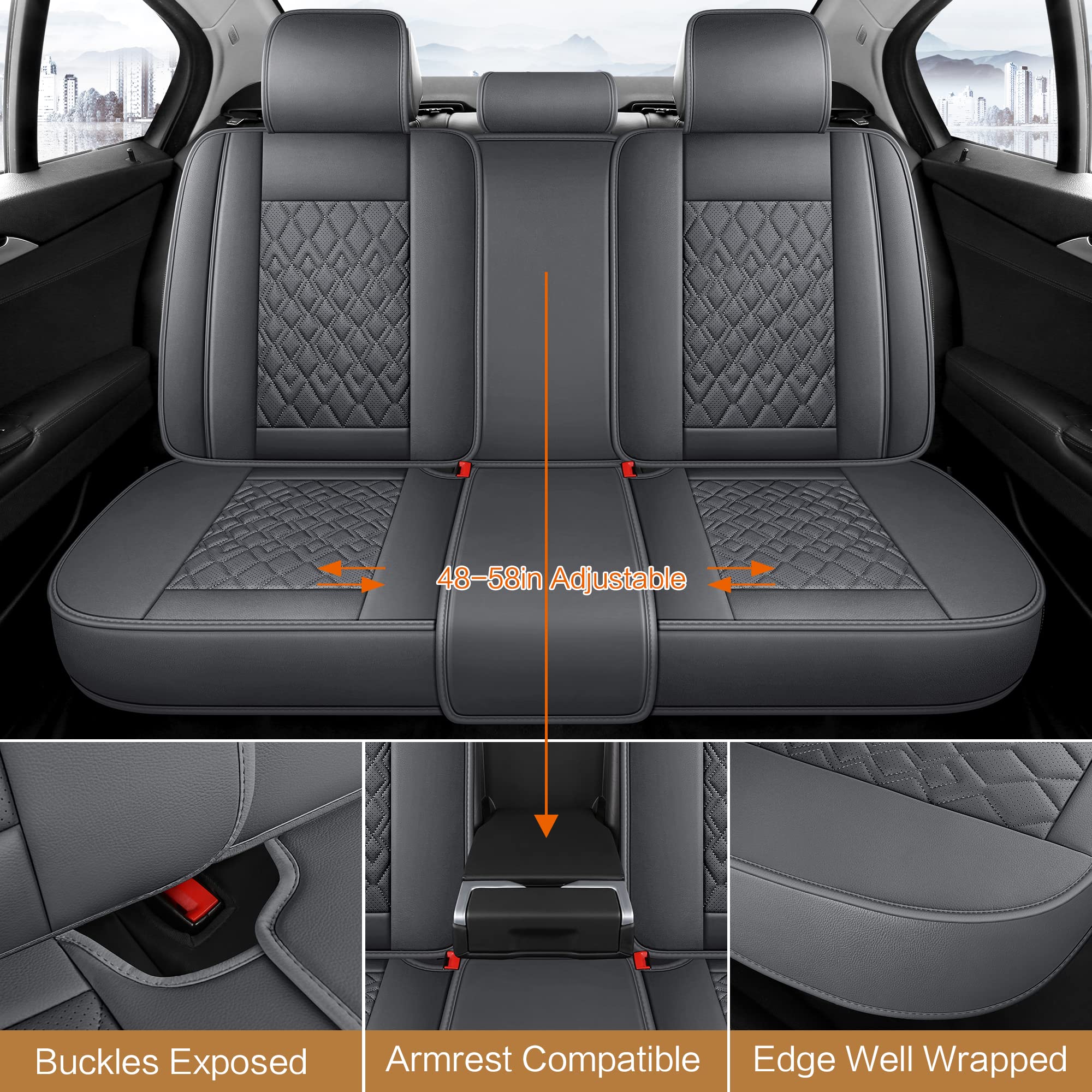 Pariitadin Leather Car Seat Covers Full Set, Waterproof Breathable Faux Leather Automotive Seat Covers For Cars, Non-Slip Car Interior Covers Universal Fit Most Cars Sedans Trucks Suvs, Gray