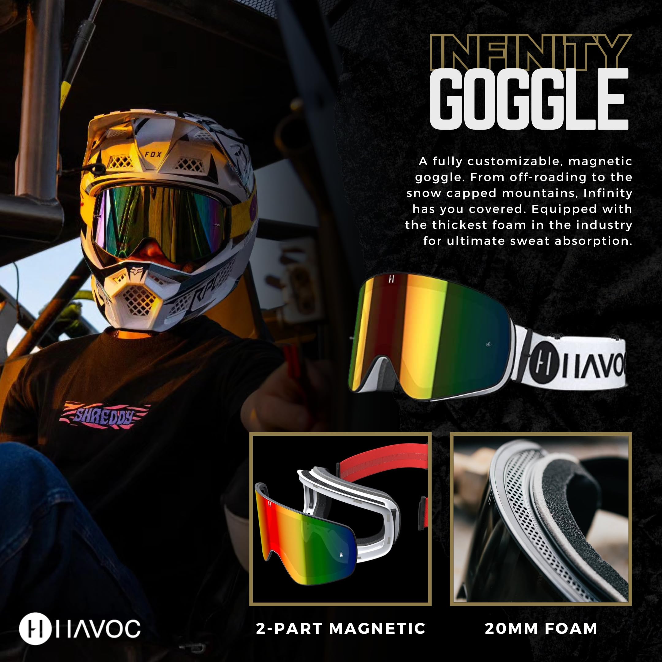 Havoc Racing Magnetic Frameless Goggles - For Motocross, Dirt Biking, Snowboarding, Atv, & Utv - Uv Blocking Anti-Fog Goggles (T
