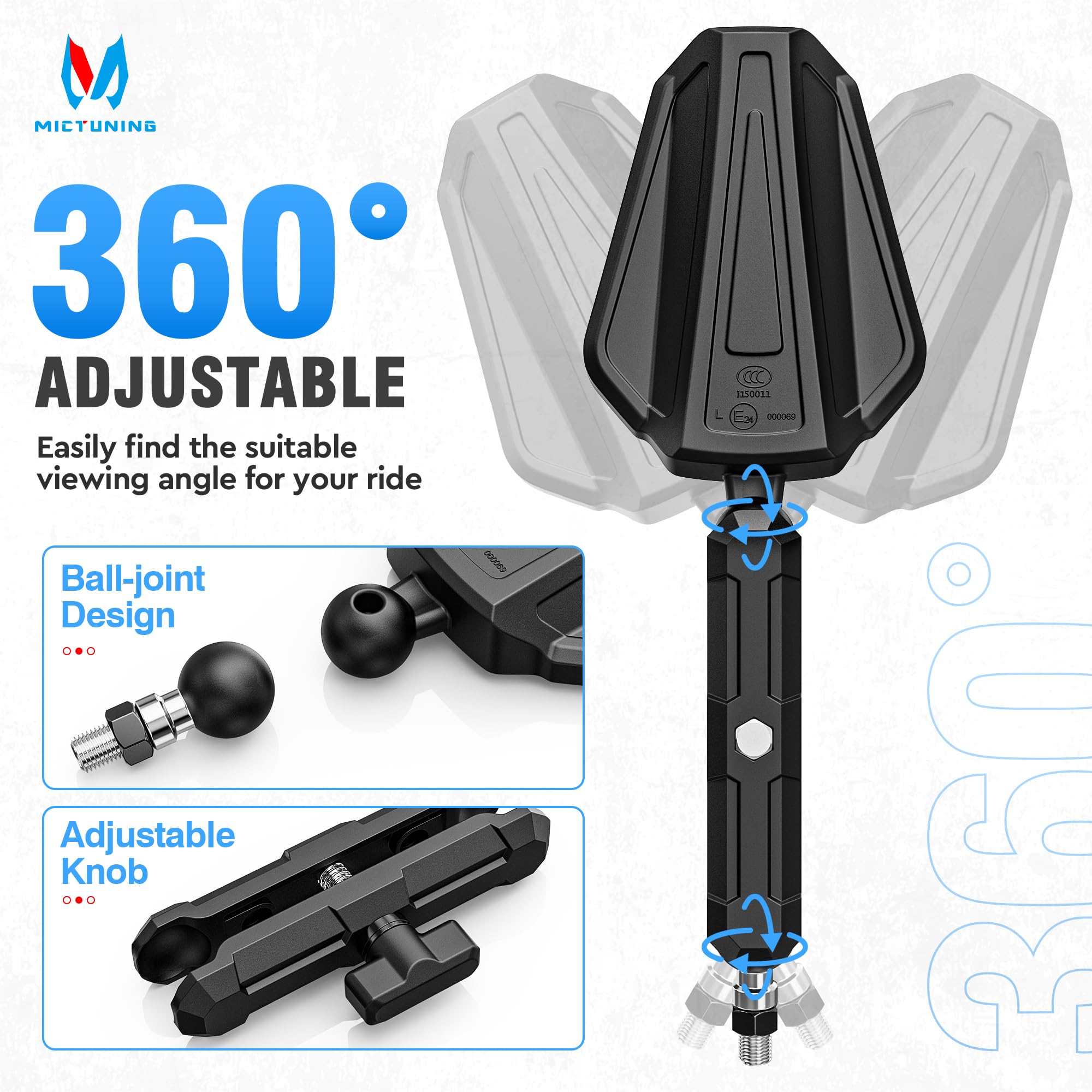 MICTUNING Adventure Motorcycle Mirrors, 360 Adjustable CNC Aluminum Alloy,Foldable 7/8 Handlebar M10 M8 Rear View Mirror Compa