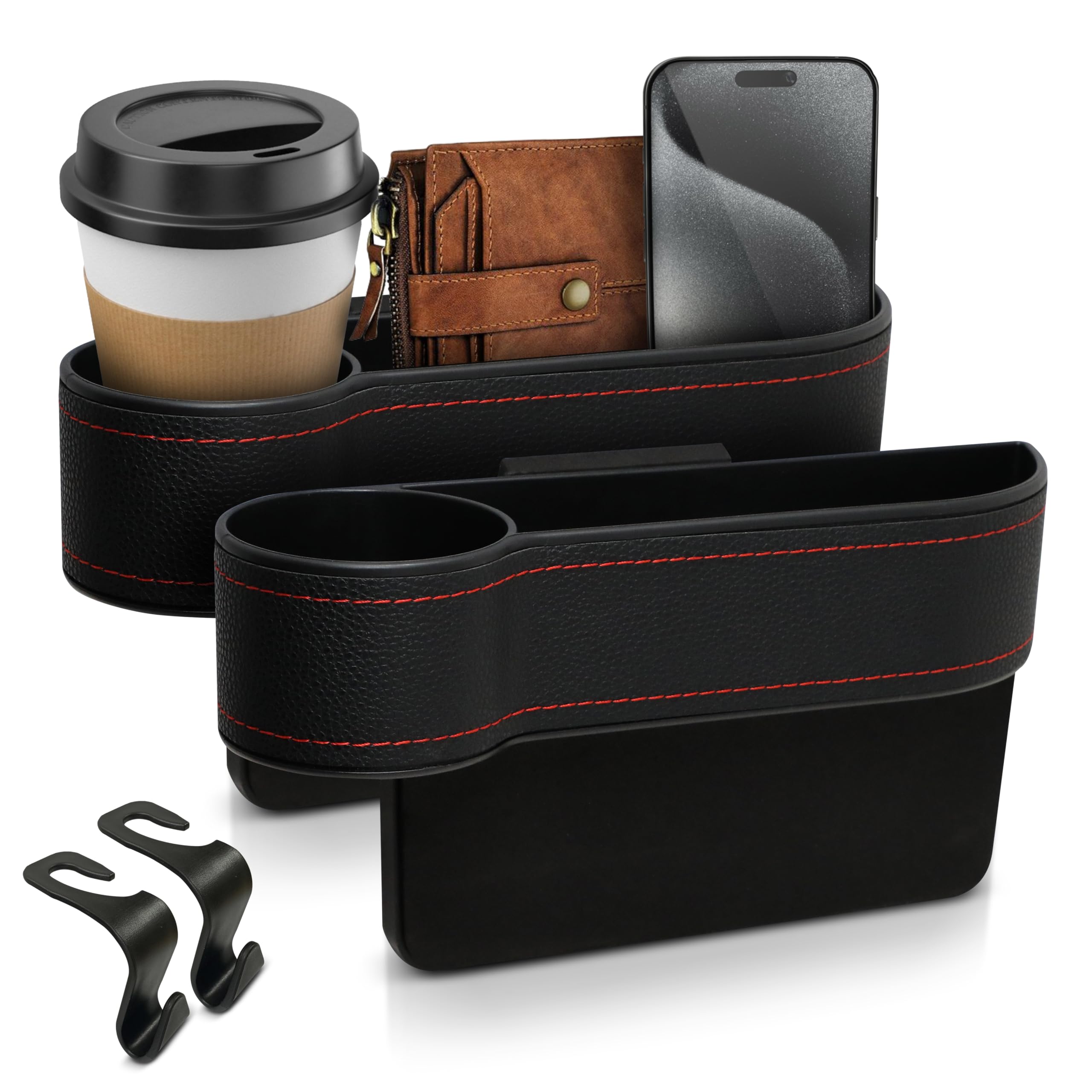 Econour Car Seat Gap Filler Organizer | Multifunctional Front Seat Organizer With 2 Bonus Headrest Hooks | Storage Box In Between Seats Organizer With Cup Holder | Car Interior Seat Gap Accessories