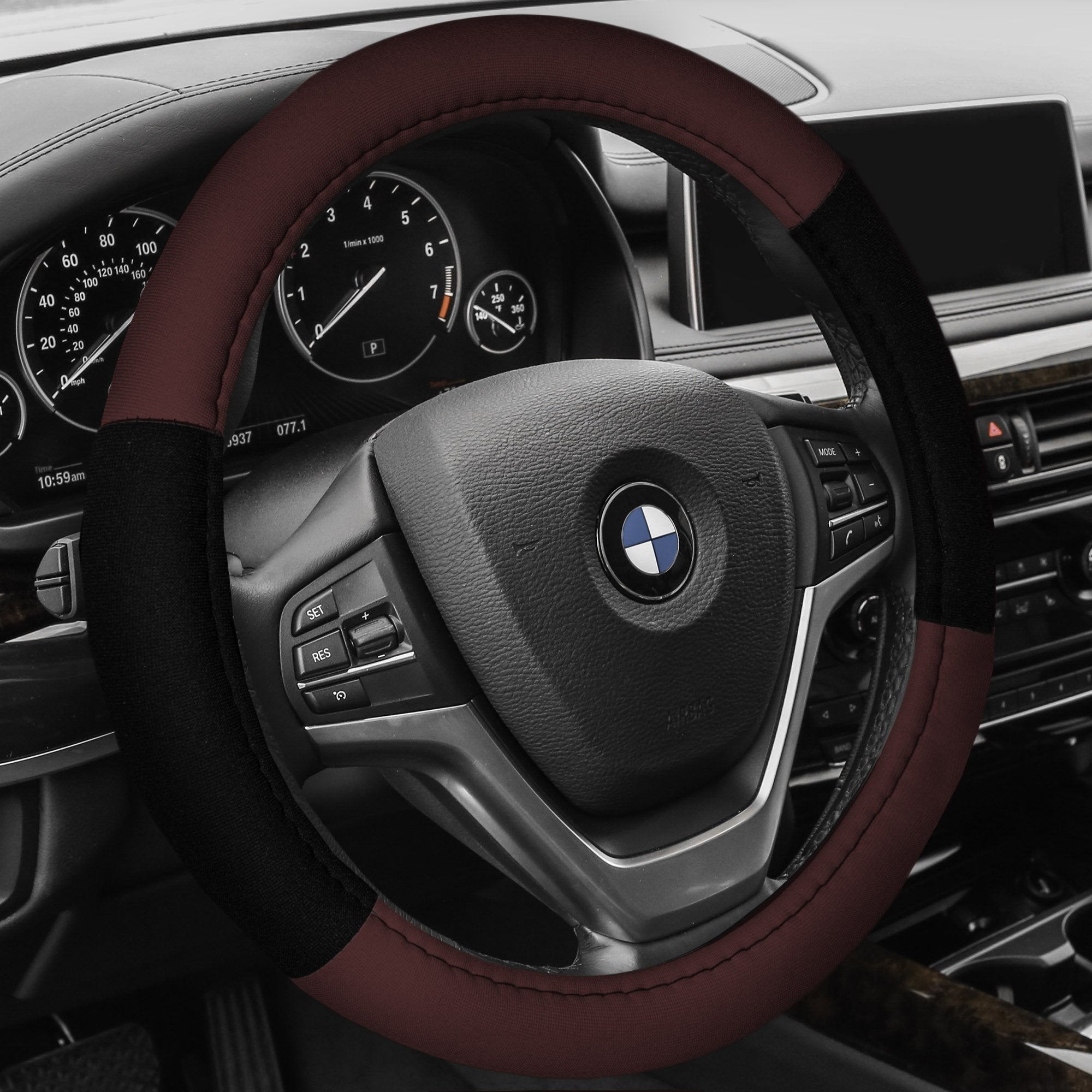 FH Group Universal Fit Modernistic and Seat Belt Pads Combo Set Steering Wheel Cover Fits Most Cars, SUVs Burgundy