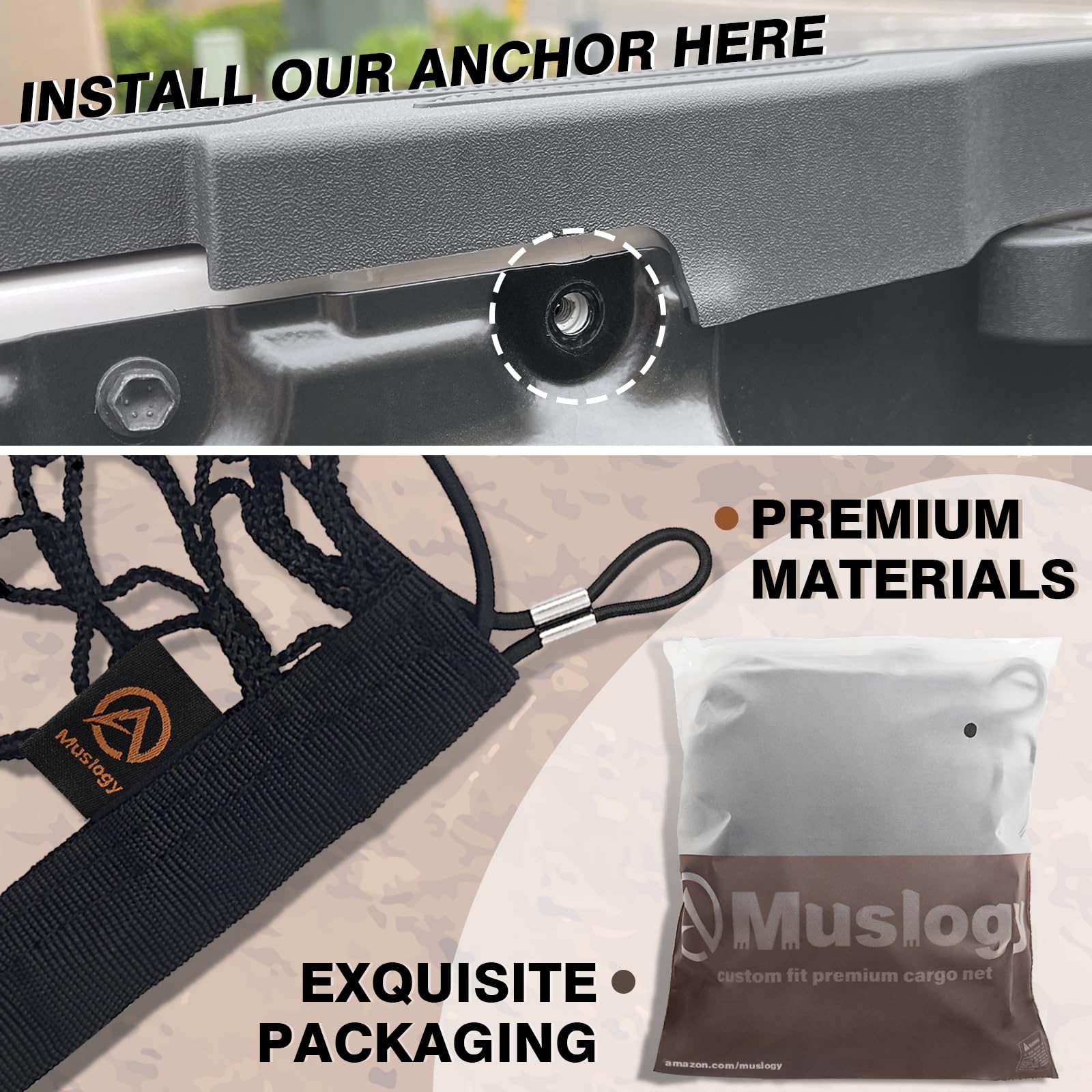 Muslogy Truck Bed Cargo Net for Toyota Tacoma 2005-2023, Black, Heavy Duty Polyester with Carabiner, Model MUS-CARGO NET-5