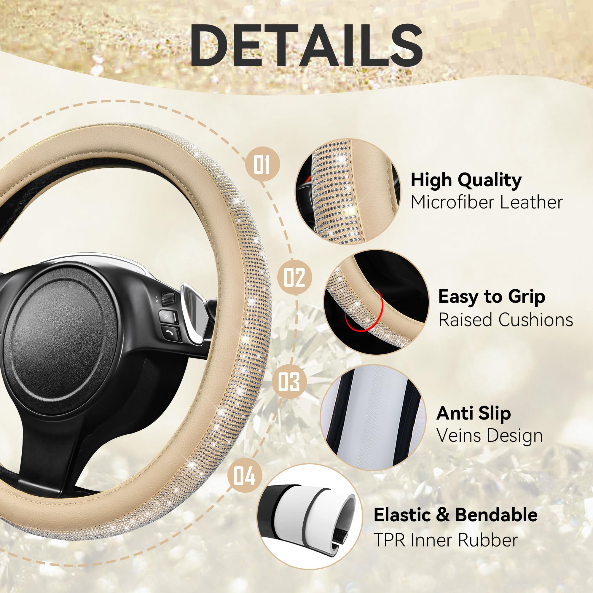 Car Pass Bling Diamond Beige Leather Steering Wheel Cover, White Sparkly Crystal Glitter Rhinestones Universal Fit 14 1/2-15 Car Wheel Protector For Women Girl Fit Suvs,Vans,Sedans,Trucks, Beige