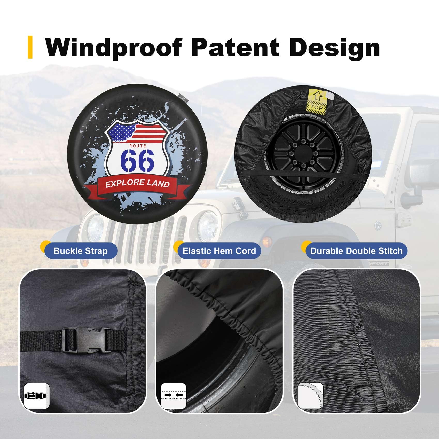 Explore Land 26-27.75 Inch Spare Tire Cover Fit Trailer, Rv, Suv, Truck, Tough Tire Wheel Soft Cover, American Flag And Route 66