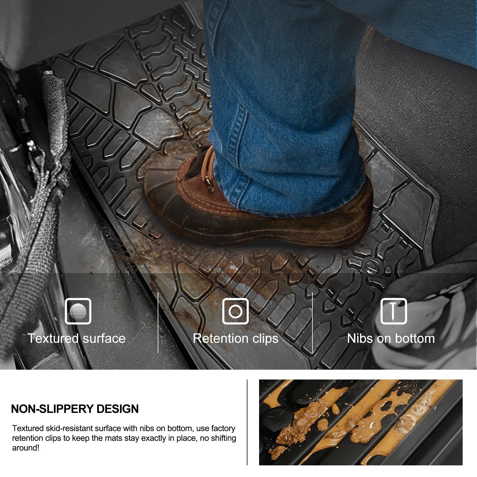 Kiwi Master Floor Mats for 2007-2013 Jeep Wrangler JK, Heavy Duty TPE, Black, Custom Fit, 28 x 21.5 x 2.8 inches, Model