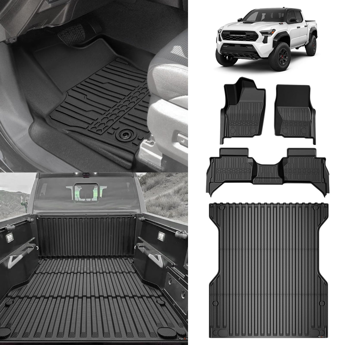 Triplealiners Floor Mats & Truck Bed Mat All Weather Liners Compatible With 2024 2025 Toyota Tacoma Double Cab With 5Ft Bed Tpe