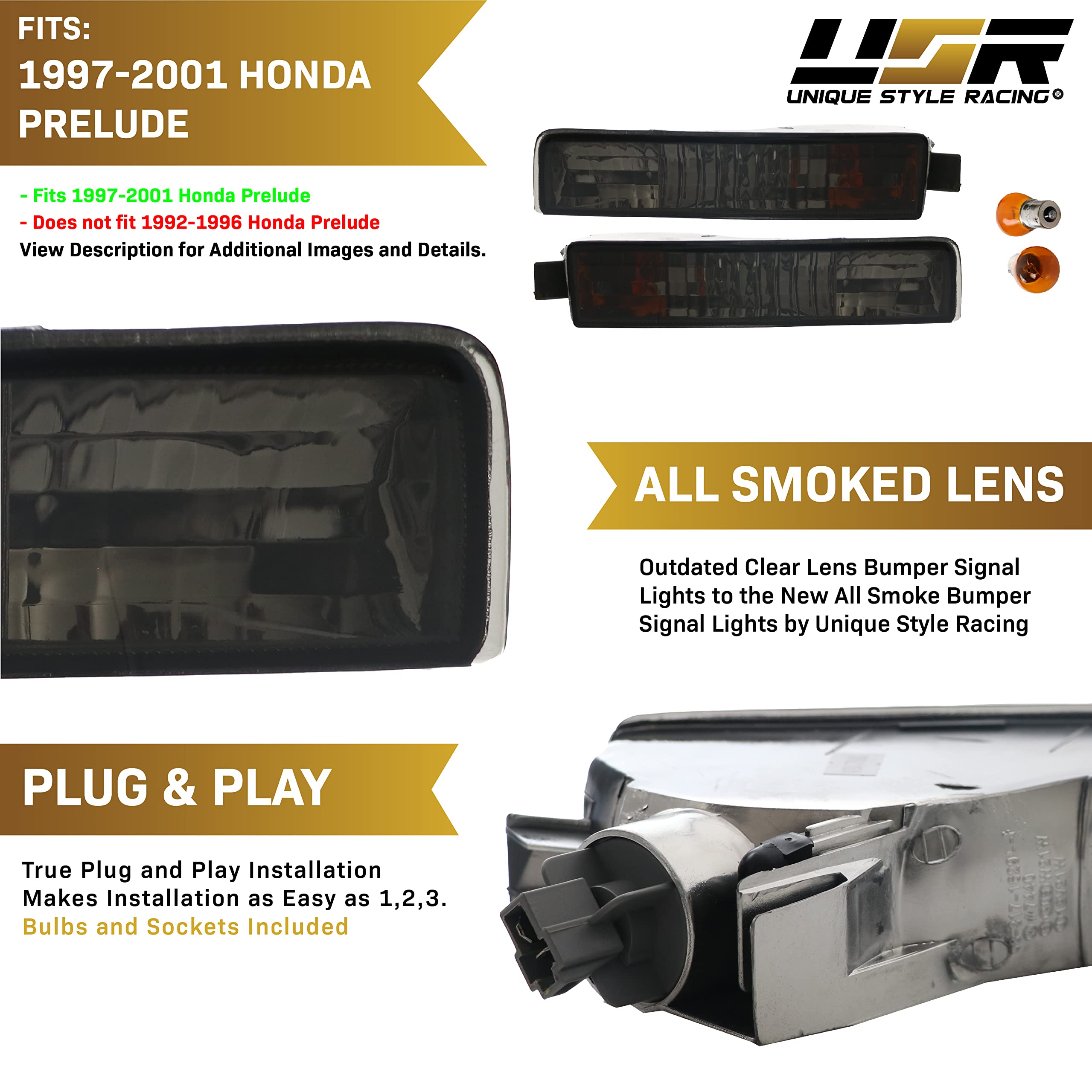 USR UNIQUE STYLE RACING Bumper Lights Set for 97-01 Honda Prelude - Front Smoke Parking Turn Signal Lamp (Left + Right) Model 317-1629PTA-VS