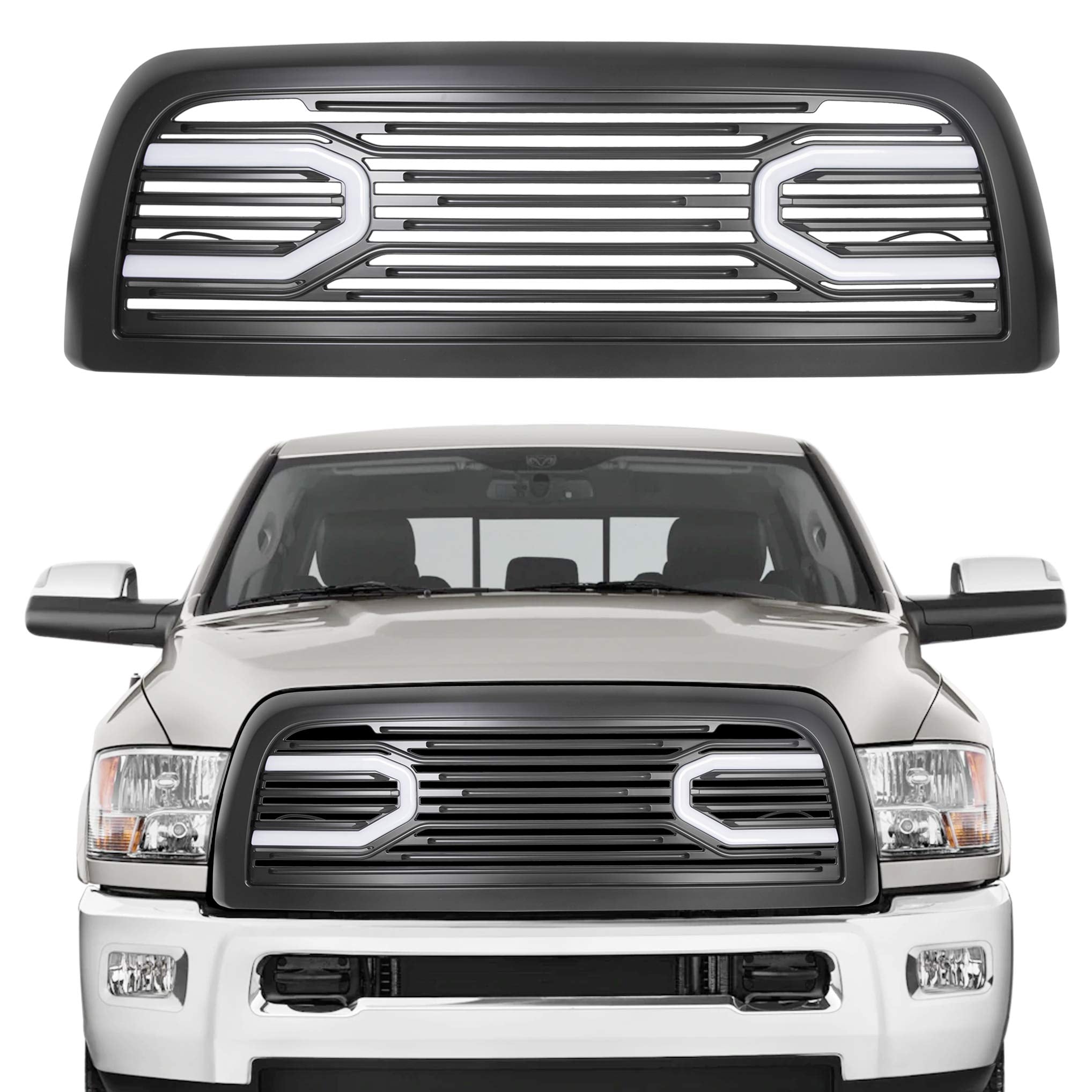 Kuafu Front Hood Bumper Grille Grill W/Replacement Shell Led Lights Compatible With 2010 2011-2018 Dodge Ram 2500 3500 4500 Big Horn Horizontal Style Bumper Grill Abs