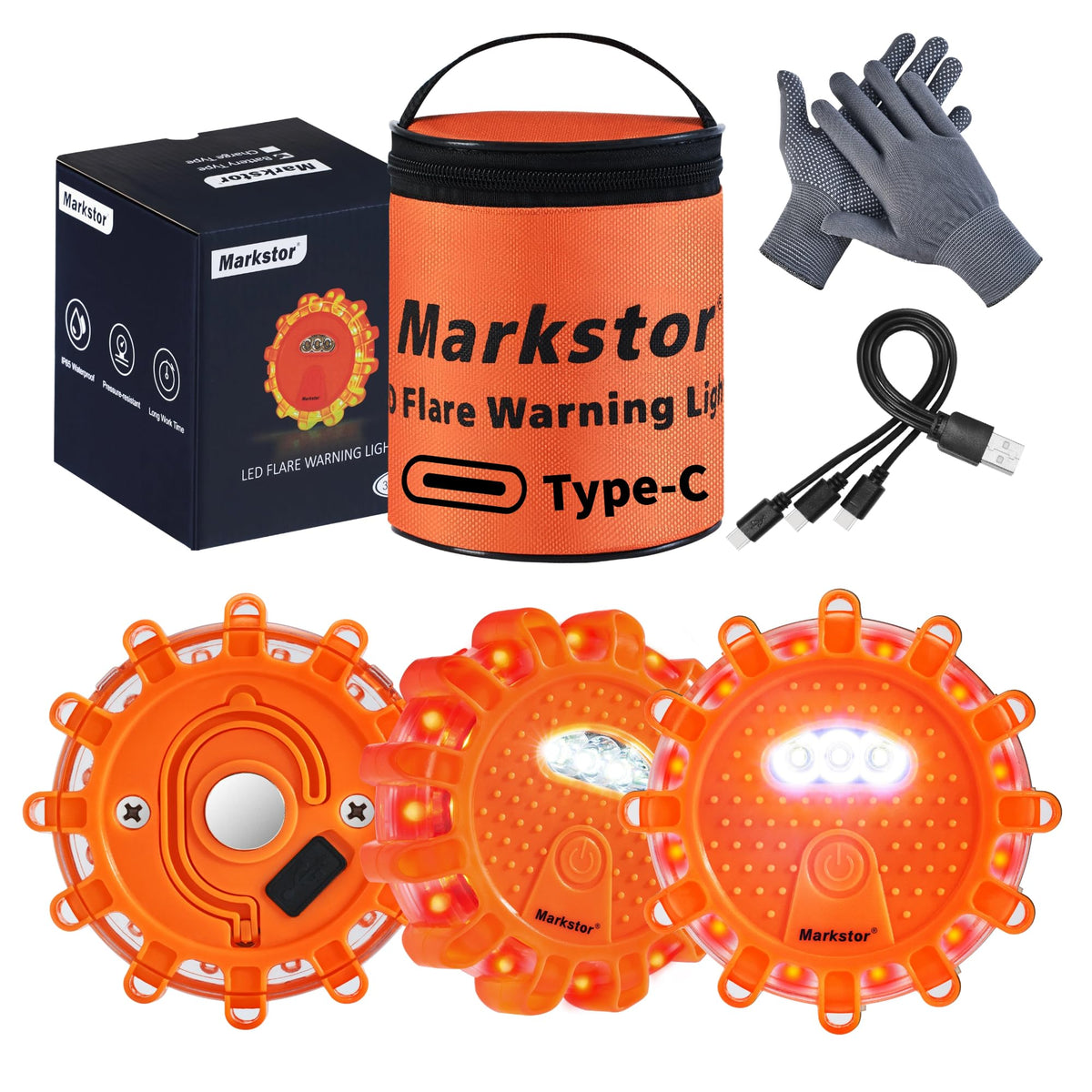 Markstor Led Road Flares 3 Pack Roadside Emergency Car Kit, Road Safety Flare Light Usb Rechargeable (Lithium Battery),Safety Beacon Warning Light | 9 Flash Modes,With Magnet & Hook