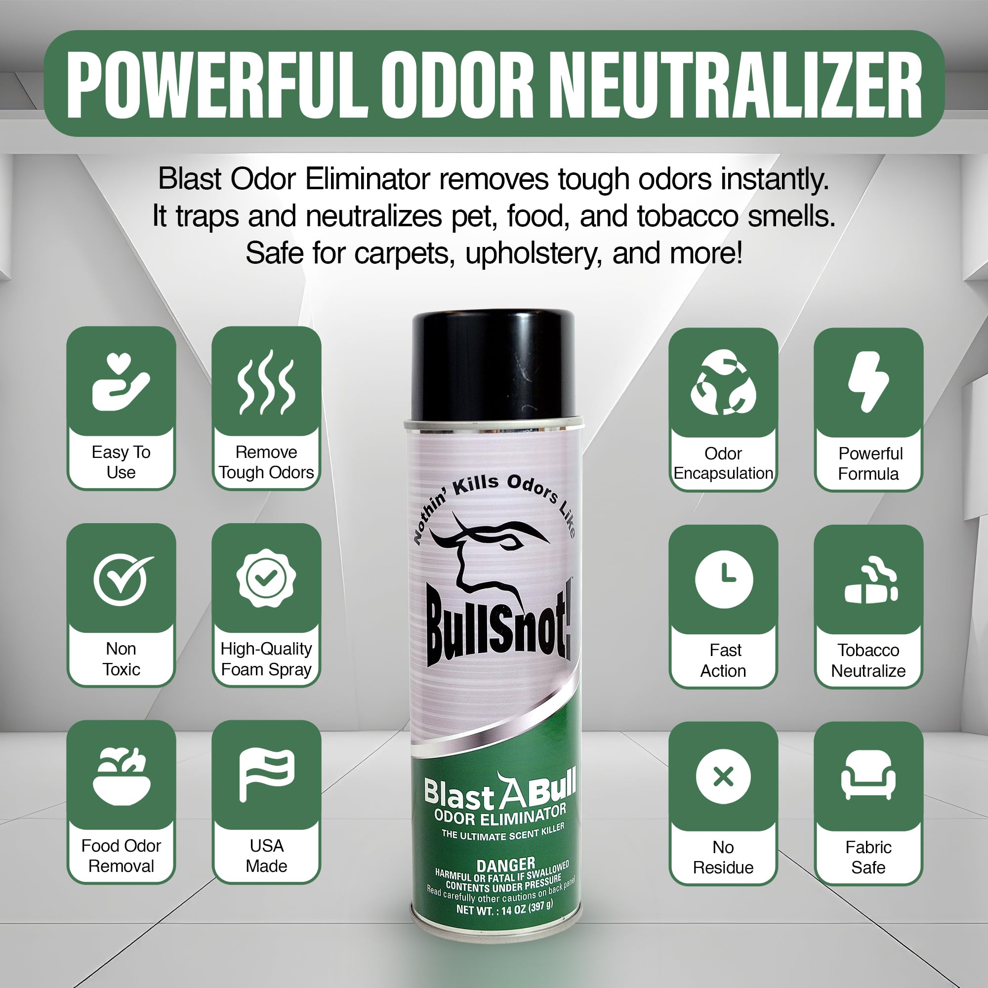 Bullsnot Blast Odor Eliminator - Powerful Car & Home Smell Neutralizer. Eliminates Pet, Food, Tobacco, And Mold Odors. Safe For
