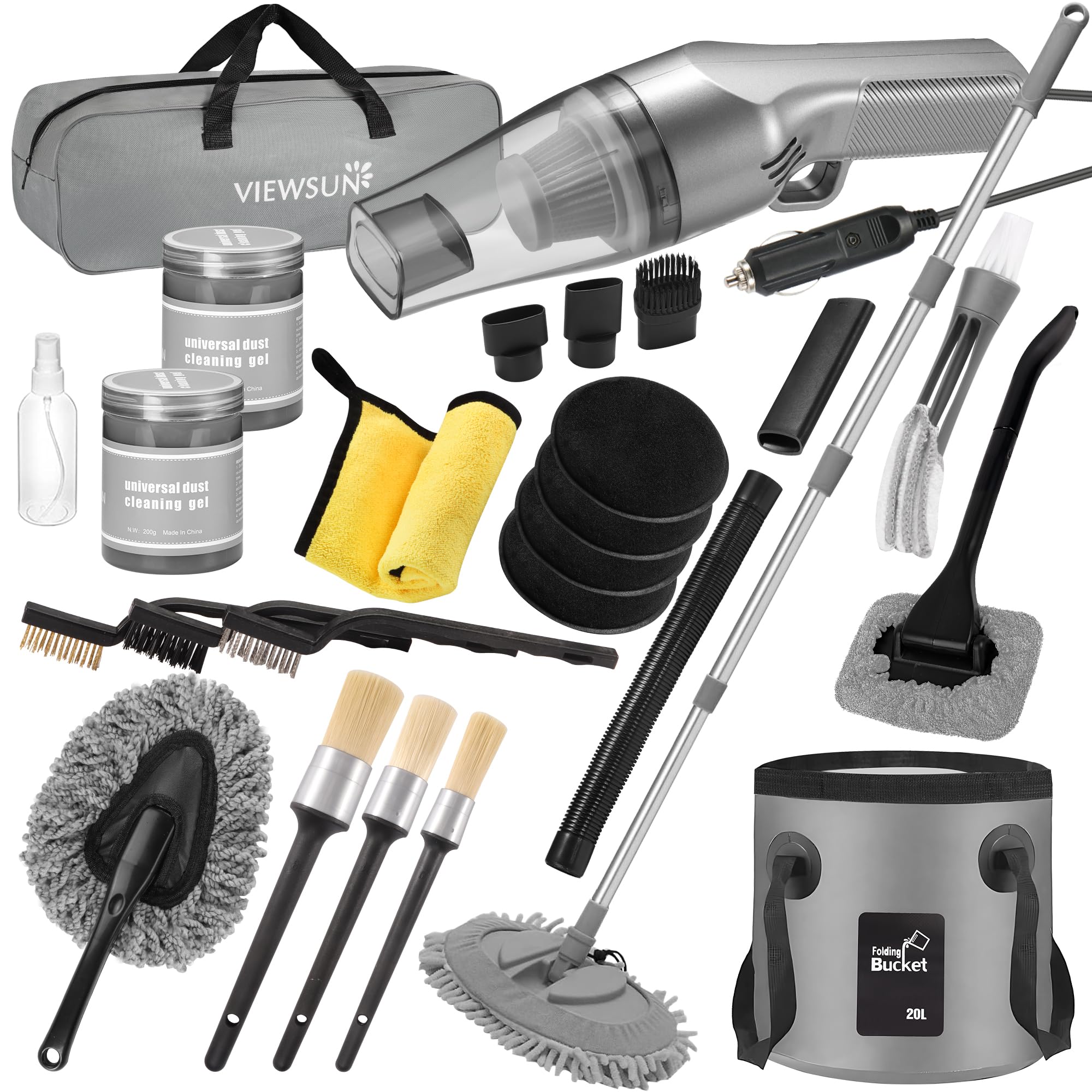 Viewsun 21Pcs Car Cleaning Kit With High Power Handheld Vacuum, Car Wash Mop With Long Handle, Bucket, Detailing Brush Set, Wind