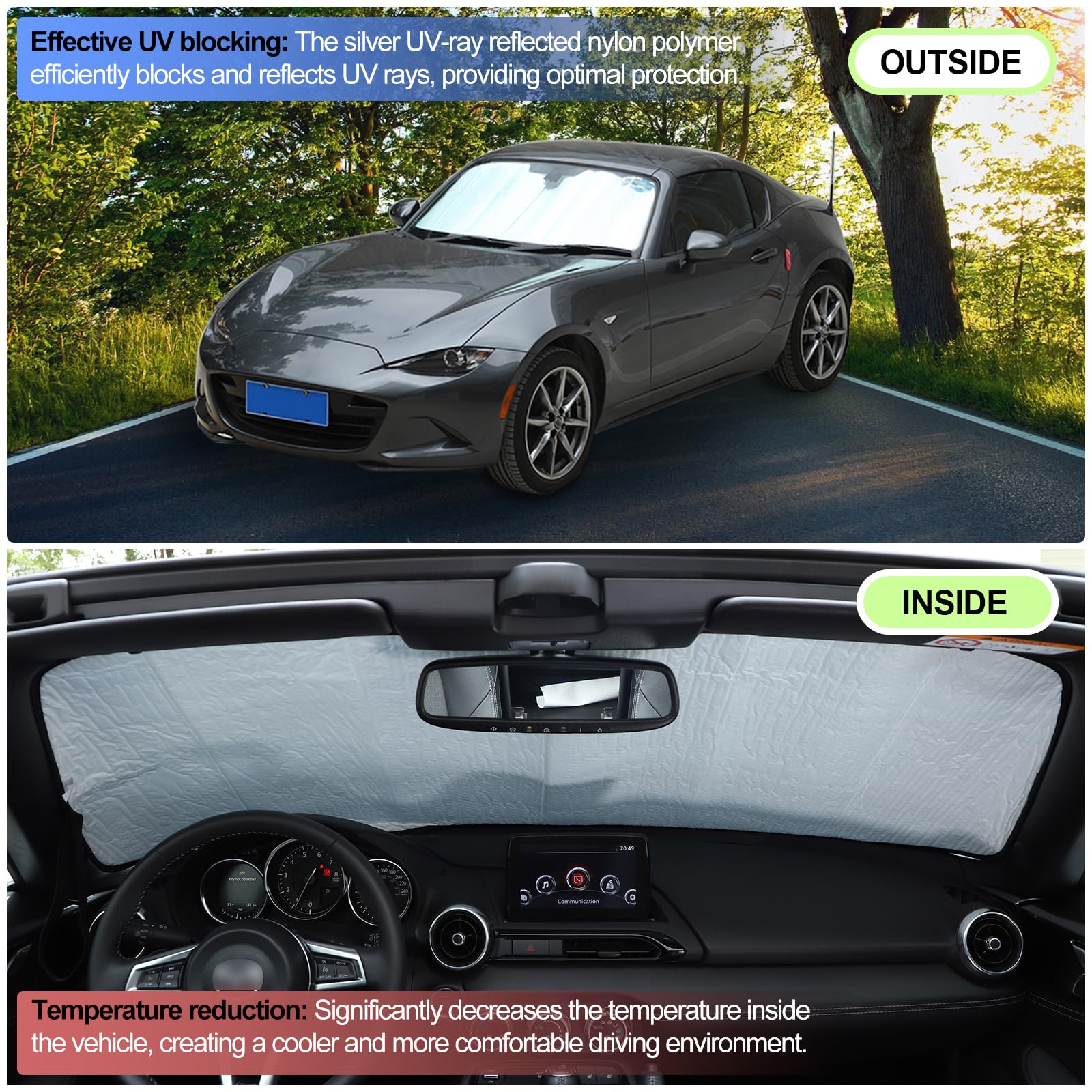 Windshield Sunshade For Mazda Mx-5 Miata 2016-2024, Front Window Sun Shade, Foldable Reflective Sun Visor, Screen Shield Cover Uv Blocker Protector Heatshield Keeps Your Vehicle Cool (Silver)
